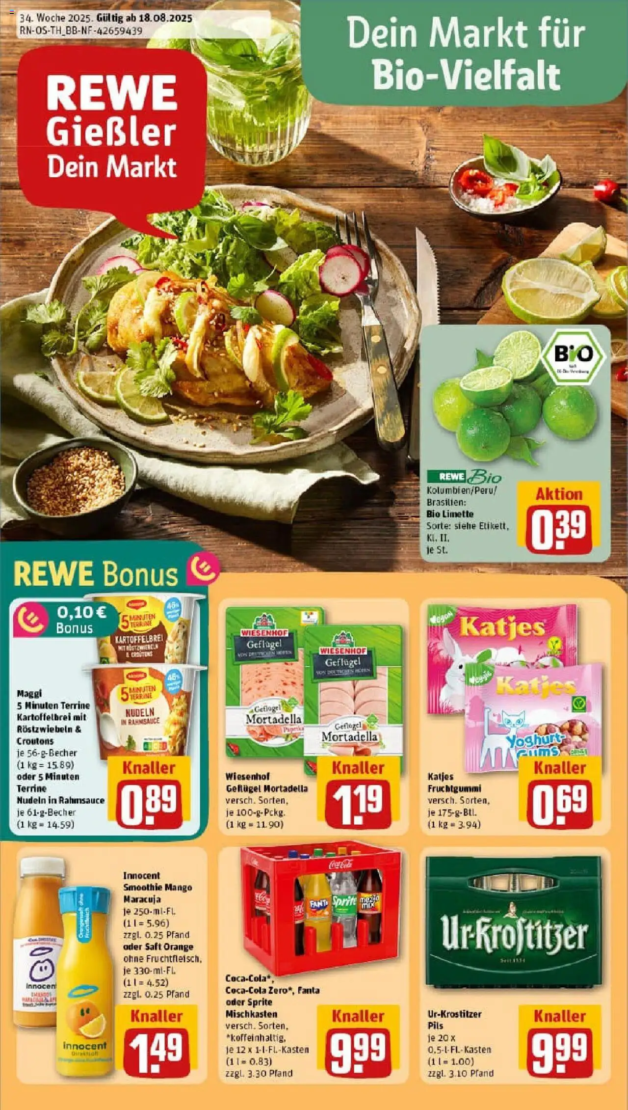 REWE Prospekt ab 17.08.2025 nächste Woche - Prospekt Bad Berka - Mango, Nudeln, Katjes, Sprite, Limette, Saft, Pils, Maggi 5 minuten terrine