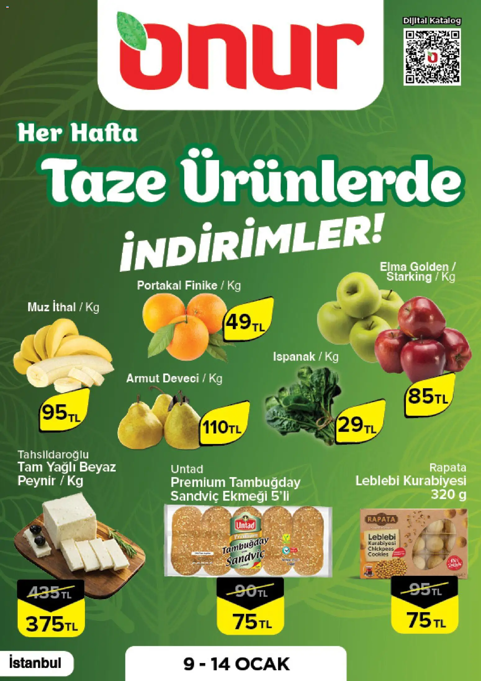 Onur Market Taze Ürünlerde İndirimler - İstanbul 09.01.2026 - Broşürünün önizlemesi - Armut, Peynir, Elma, Portakal, Ocak, Ispanak, Muz