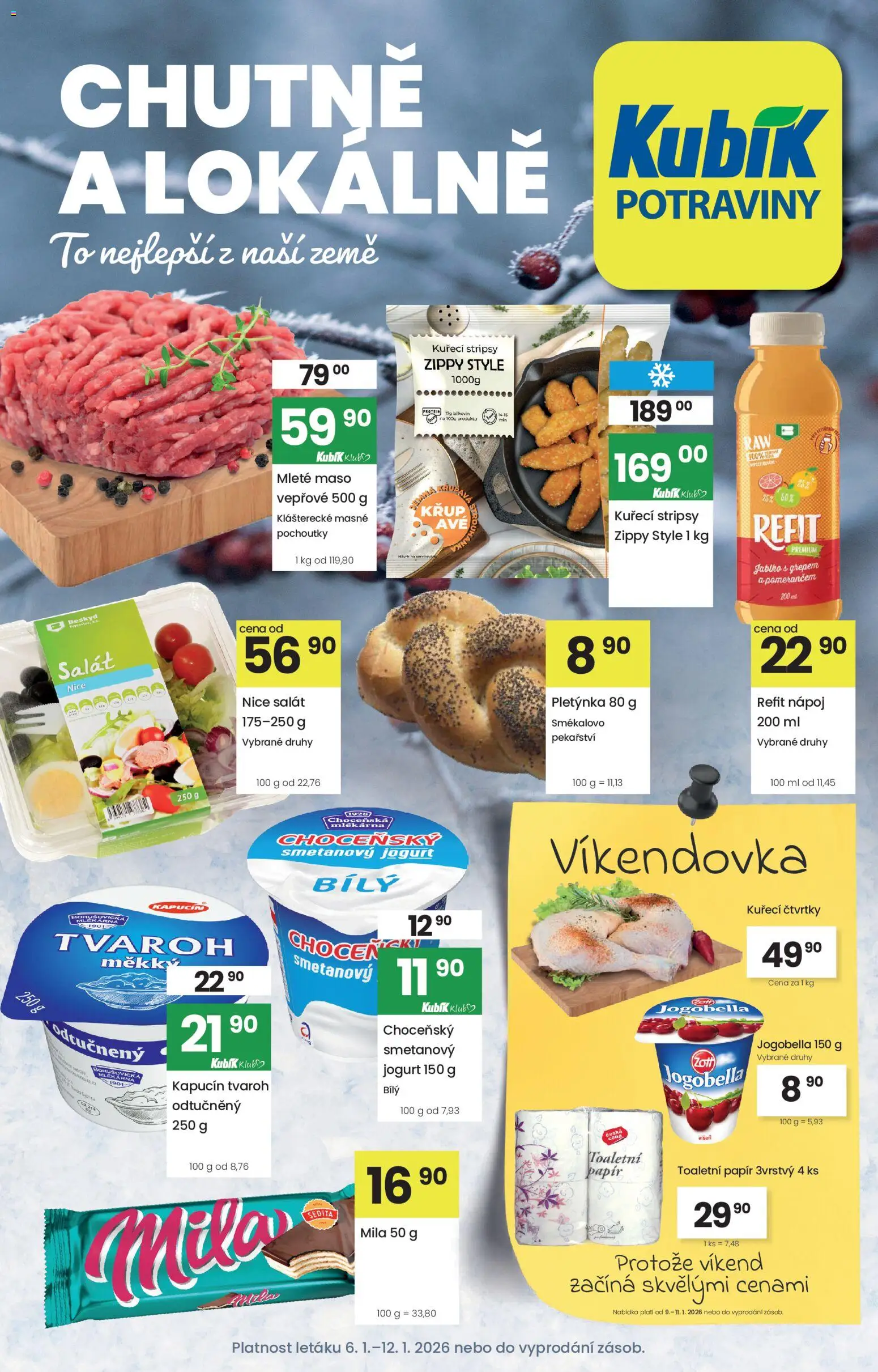Náhled nabídky: Kubík Leták platný od 06.01.2026 - Maso, Toaletní papír, Mila, Mleté maso, Jogobella, Kuřecí čtvrtky, Smetanový jogurt, Toaletní papír 3vrstvý