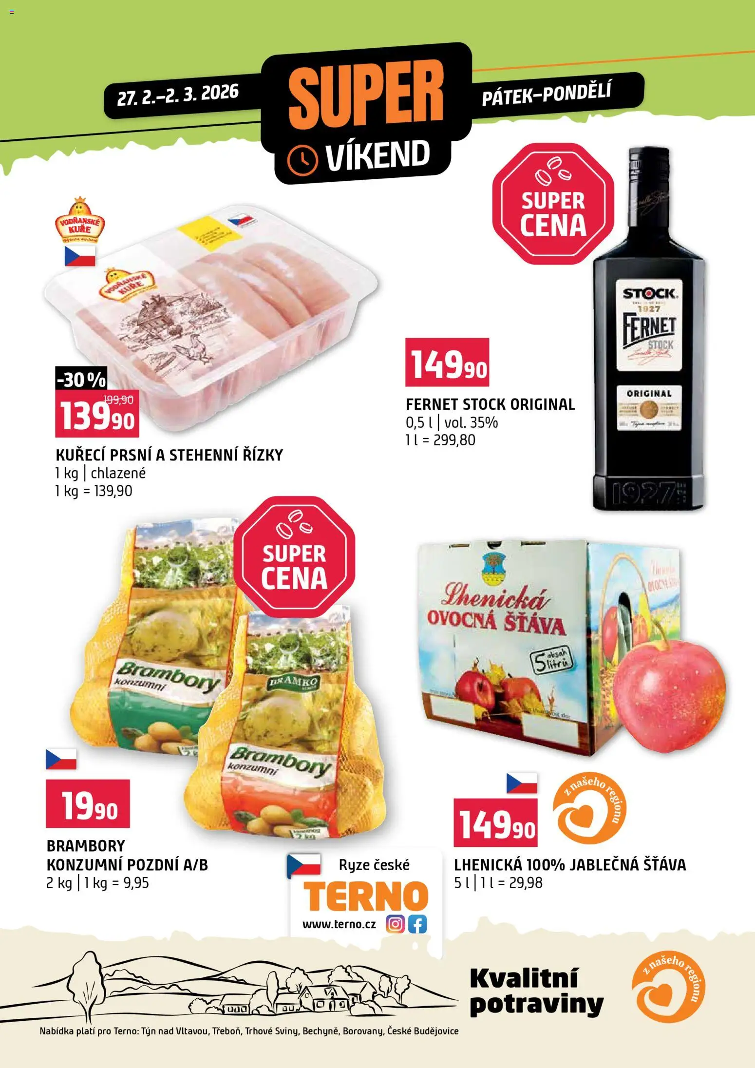 Náhled nabídky: Terno Super víkend platný od 27.02.2026 - Potraviny, Brambory, Rýže, Kuře, Fernet, Fernet Stock, Šťáva, Stehenní řízky