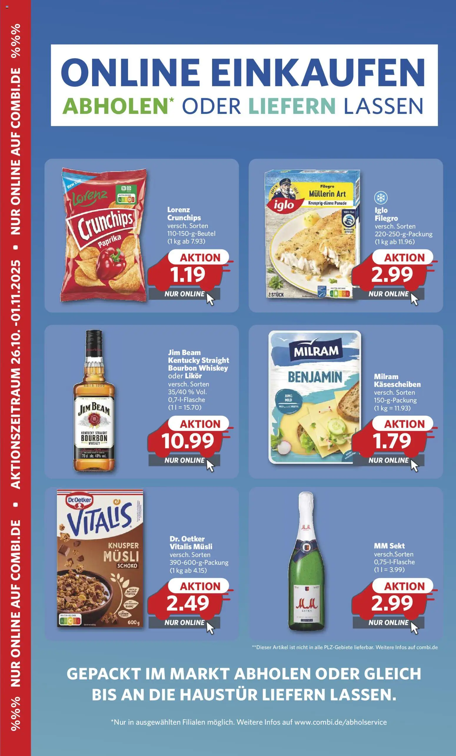 Combi Online Einkaufen (vom 25.10.2025 - 01.11.2025) - Whiskey, Jim beam, Sekt, Bourbon, Likör, Iglo, Milram, Musli