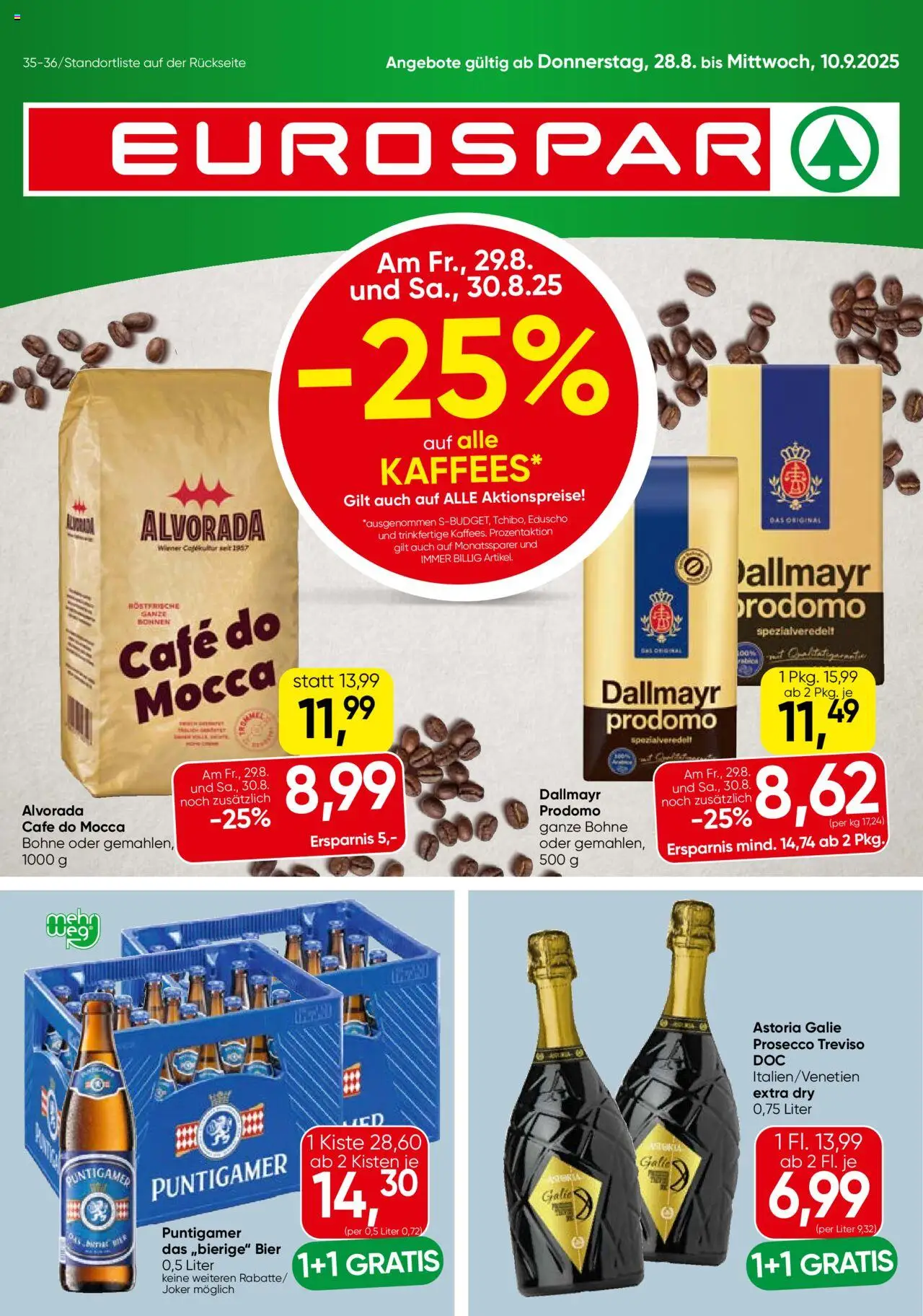 Vorschau der Angebote: Eurospar Flugblatt gültig ab 28.08.2025 - Bier, Prosecco, Bohne