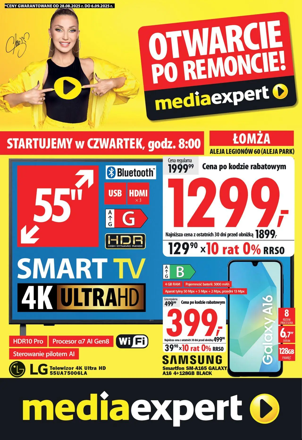 Mediaexpert Otwarcie po remoncie - Łomża, al. Legionów 60 od 28.08.2025 - Nowa Gazetka - Numer strony 1 - Telewizor, Smartfon