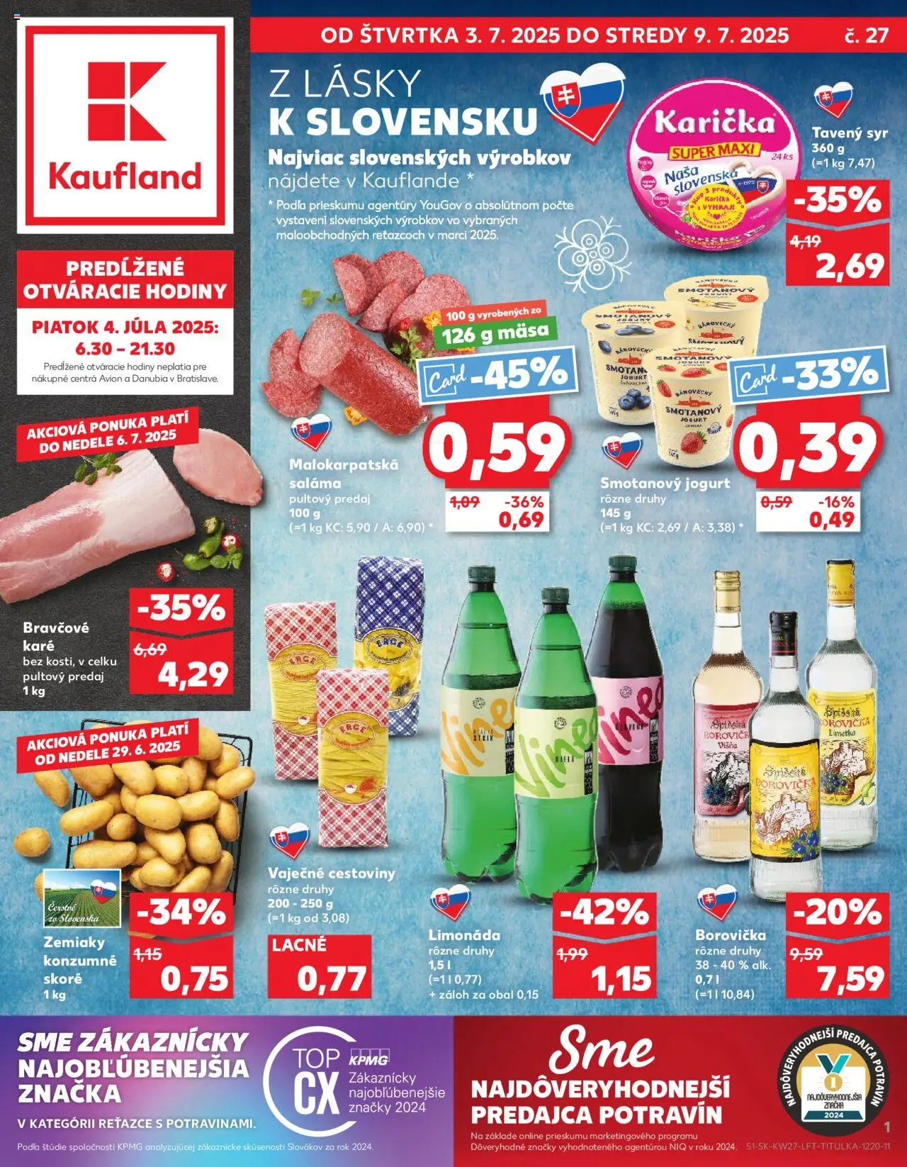 Náhľad Kaufland letáku platného od 03.07.2025 - Cestoviny, Borovička, Bravčové karé, Zemiaky, Brandy, Jogurt, Limetka, Saláma