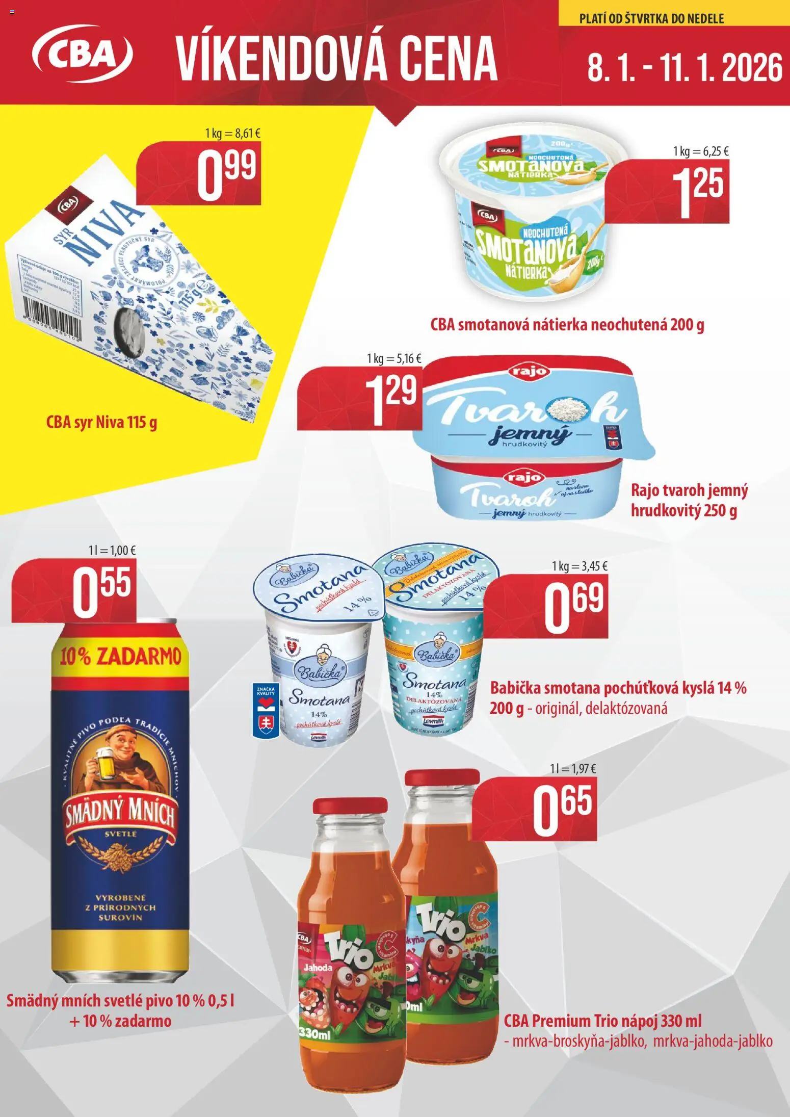 Náhľad CBA Verex letáku platného od 08.01.2026 - Pivo, Syr, Tvaroh, Mrkva, Niva, Smotana, Nátierka, Smädný Mních
