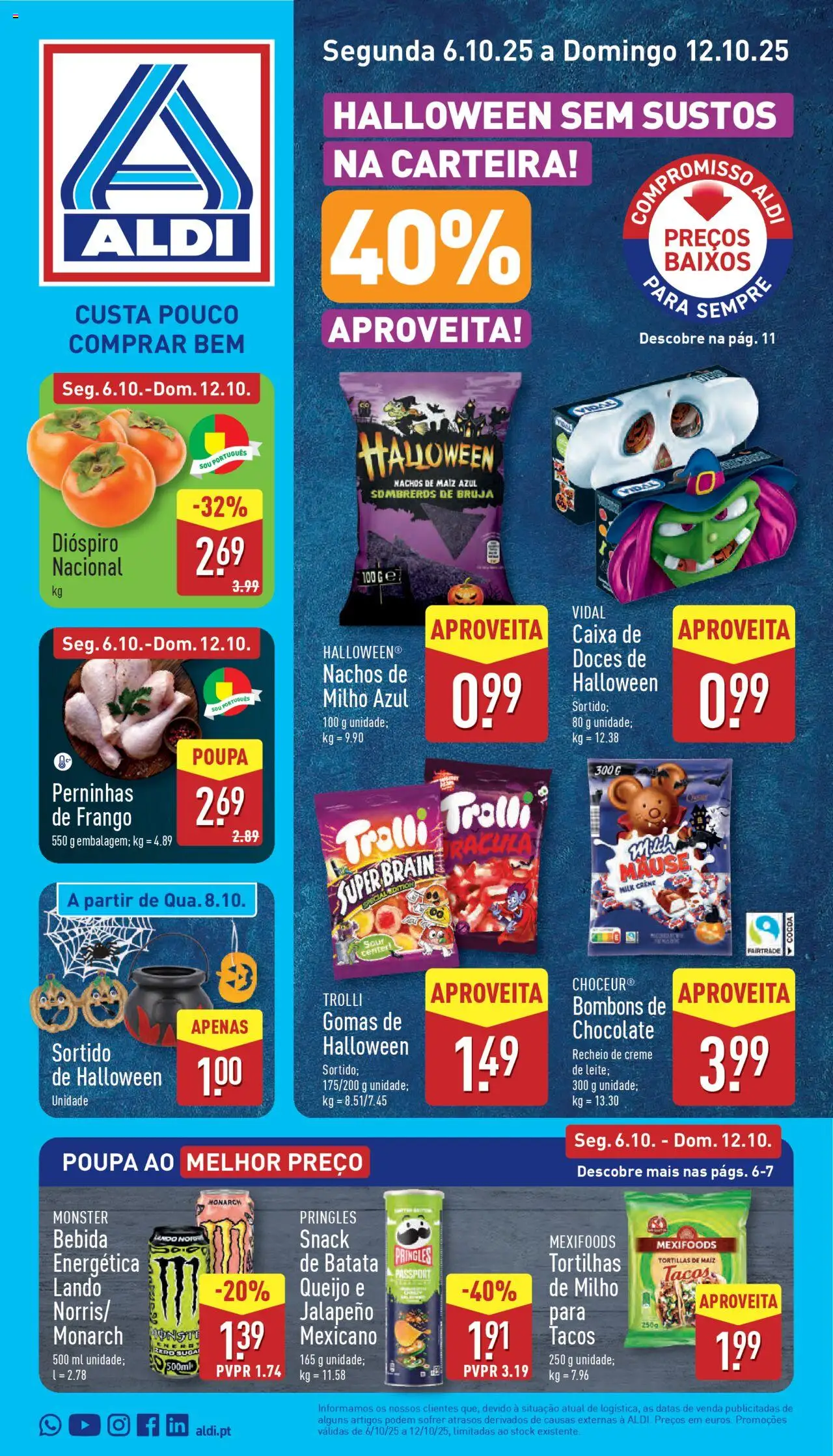 Pré-visualização do folheto da loja Aldi válida a partir de 06/10/2025 - Chocolate, Frango, Carteira, Batata, Queijo, Tortilhas, Dióspiro, Perninhas de frango