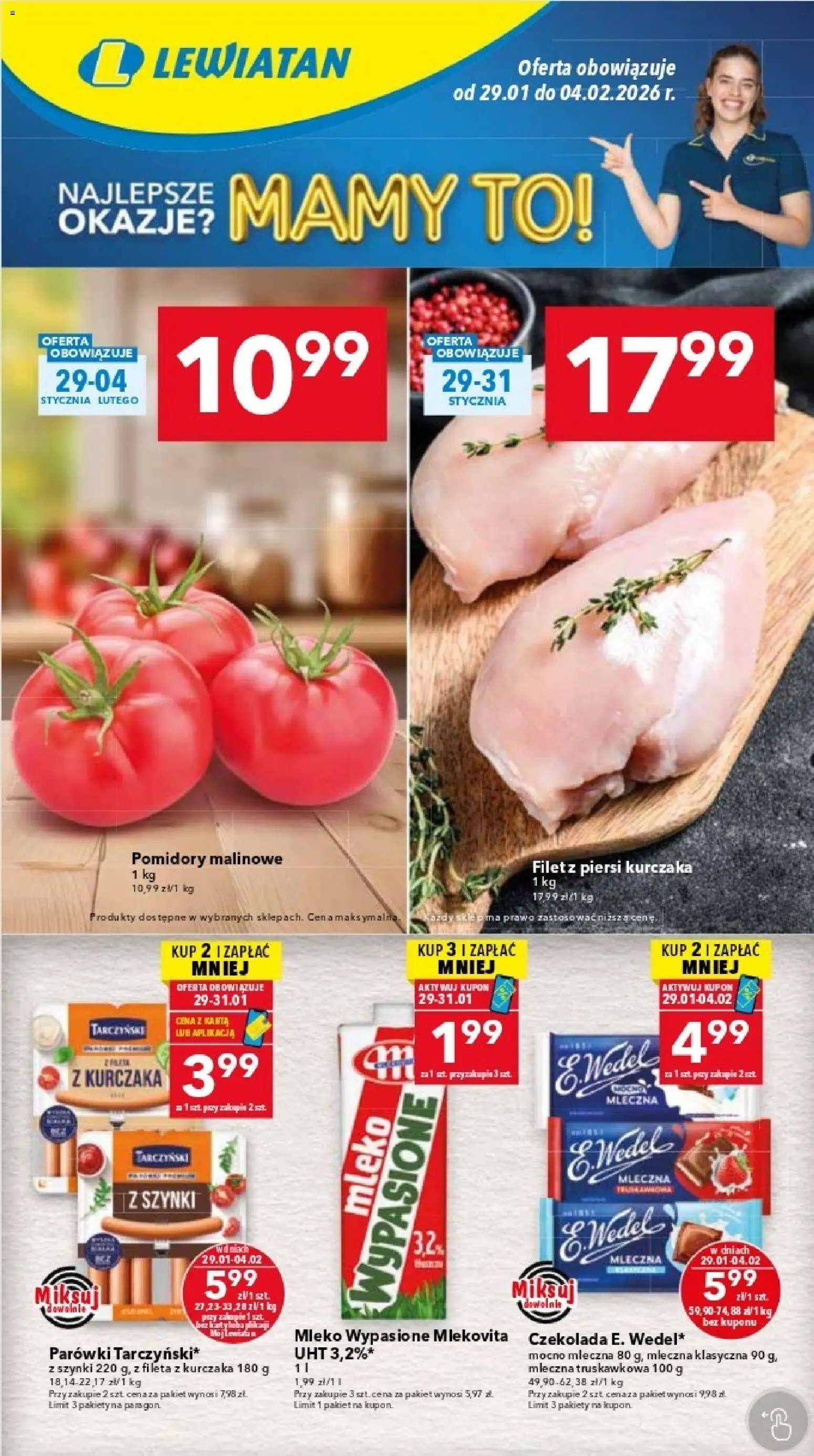 Pogląd gazetki "Katowice" ze sklepu Lewiatan ważnej od 29.01.2026 - Mleko, Czekolada, Piersi, Karta, Pomidory, Parówki, Pomidory malinowe, Mleko wypasione