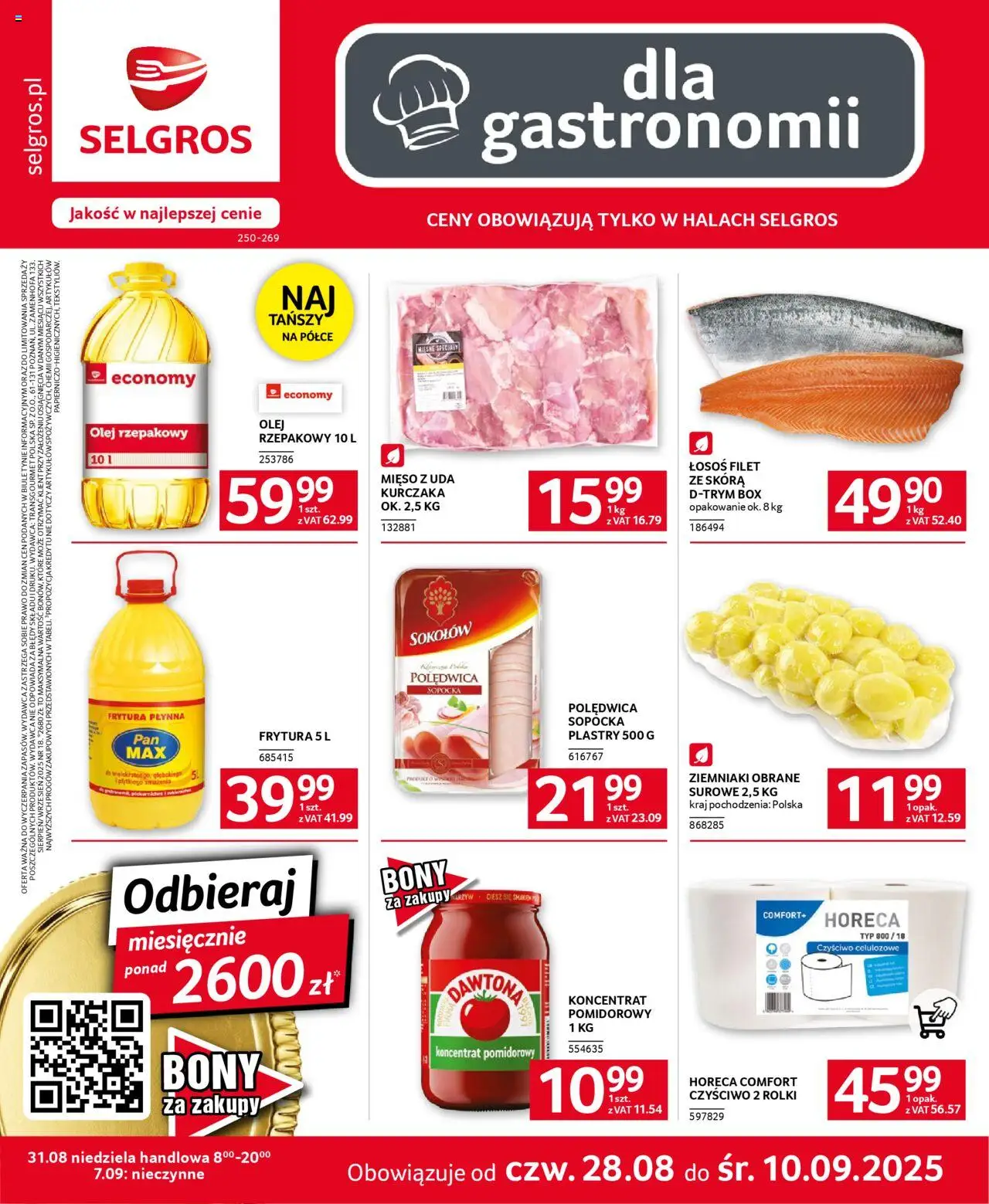 Selgros cash&carry Oferta dla gastronomii od 28.08.2025 - Nowa Gazetka - Numer strony 1 - Rolki, Mięso, Ziemniaki, Łosoś, Olej, Koncentrat pomidorowy, Frytura, Filet