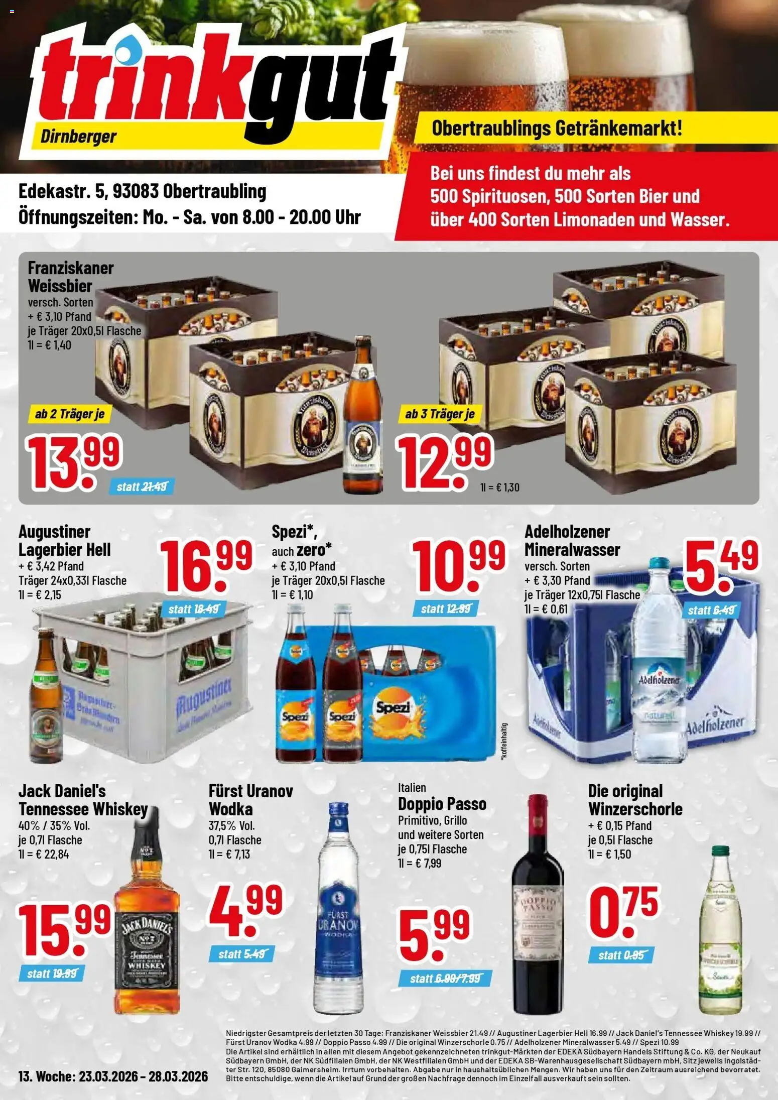 Vorschau von dem Prospekt des Geschäftes Trinkgut, gültig ab dem 23.03.2026 - Uhr, Whiskey, Wodka, Adelholzener, Doppio Passo, Franziskaner, Weißbier, Jack Daniel's