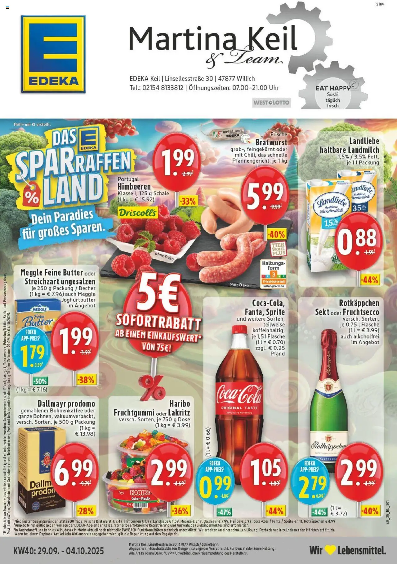 EDEKA Prospekt ab 28.09.2025 - Prospekt Willich - Schiefbahn Online - Uhr, Butter, Wurst, Bratwurst, Rotkäppchen, Dallmayr prodomo, Fruchtsecco, Rotkappchen sekt