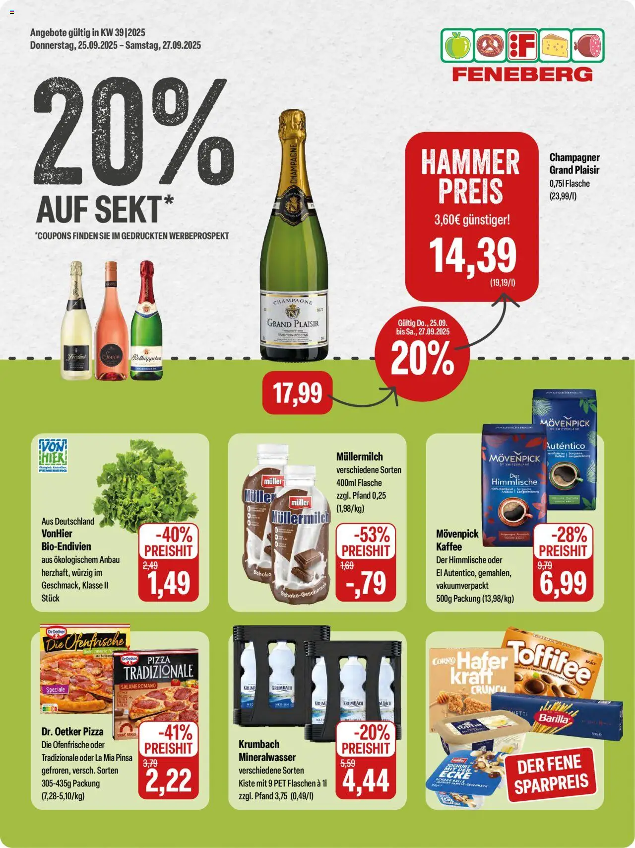 Vorschau von dem Prospekt des Geschäftes Feneberg, gültig ab dem 25.09.2025 - Kaffee, Joghurt, Rotkäppchen, Toffifee, Barilla, Sekt, Ofenfrische, Muller mullermilch