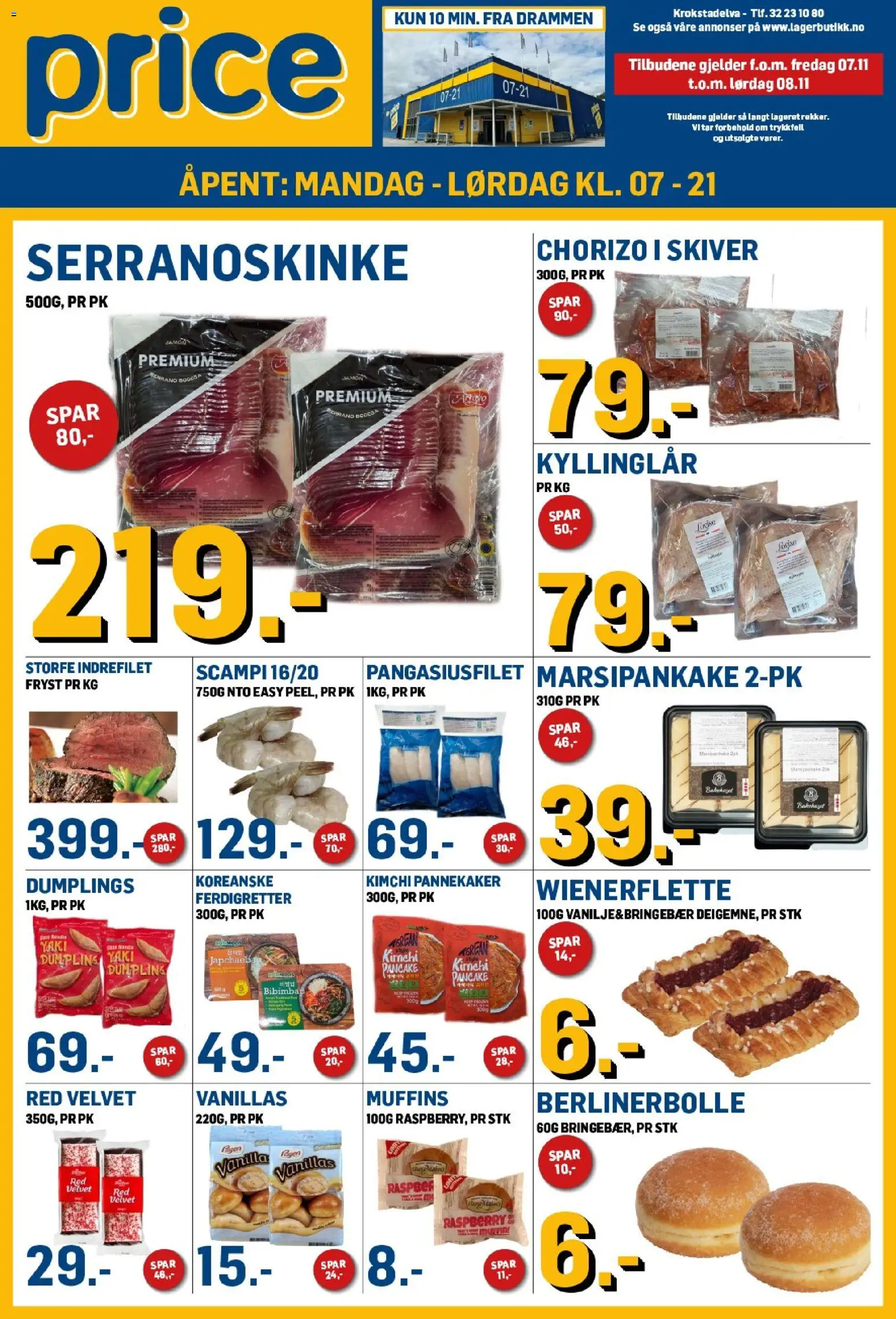 Forhåndsvis Kundeavis fra butikk Price Lagerbutikk gyldig fra 07/11/2025 - Chorizo, Ferdigretter, Indrefilet, Kimchi, Dumplings, Pannekaker, Marsipankake, Scampi