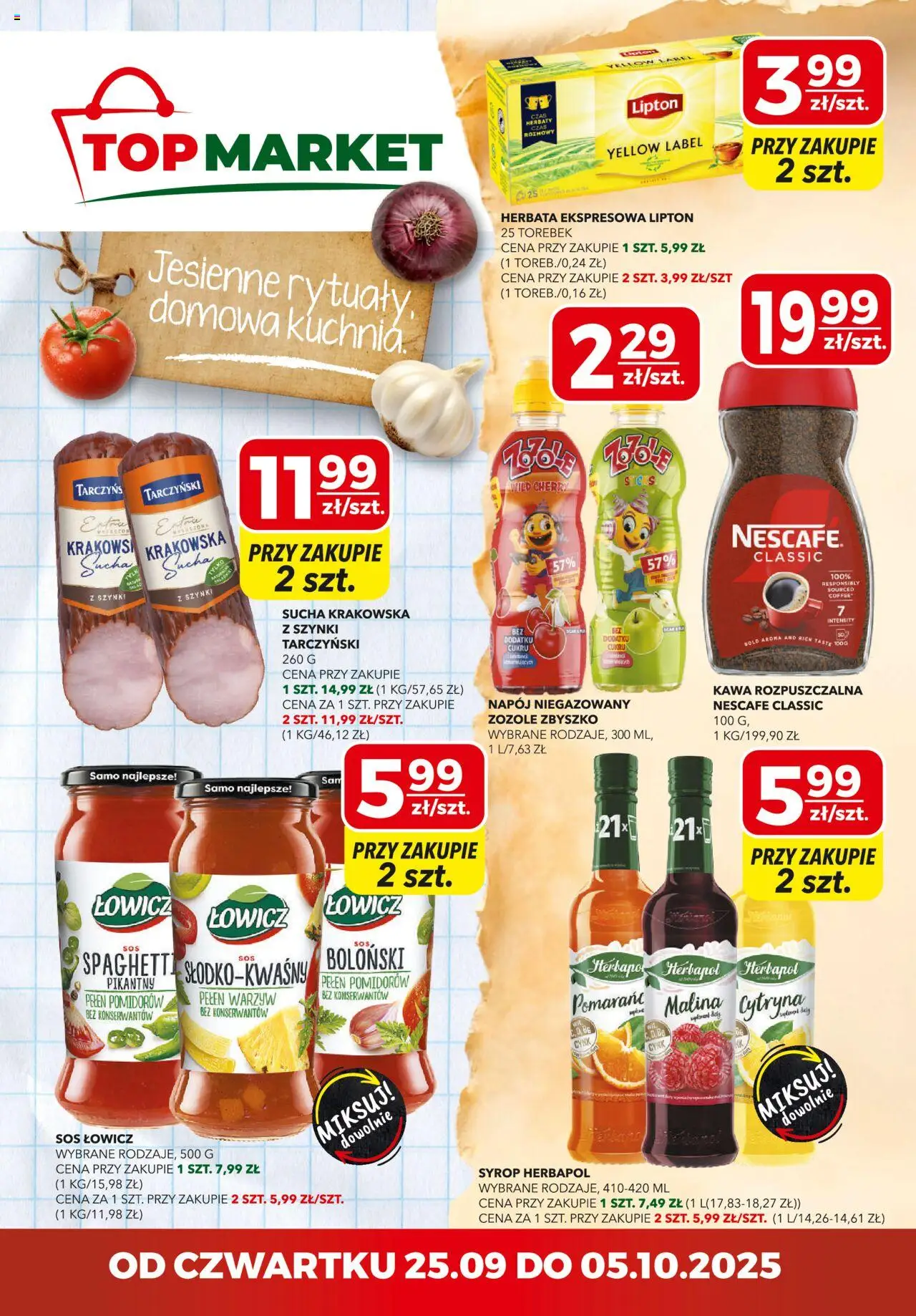 Top Market Gazetka mini od 25.09.2025 - Nowa Gazetka - Numer strony 1 - Kawa, Herbata, Top, Spaghetti, Malina, Kawa rozpuszczalna, Syrop, Nescafe