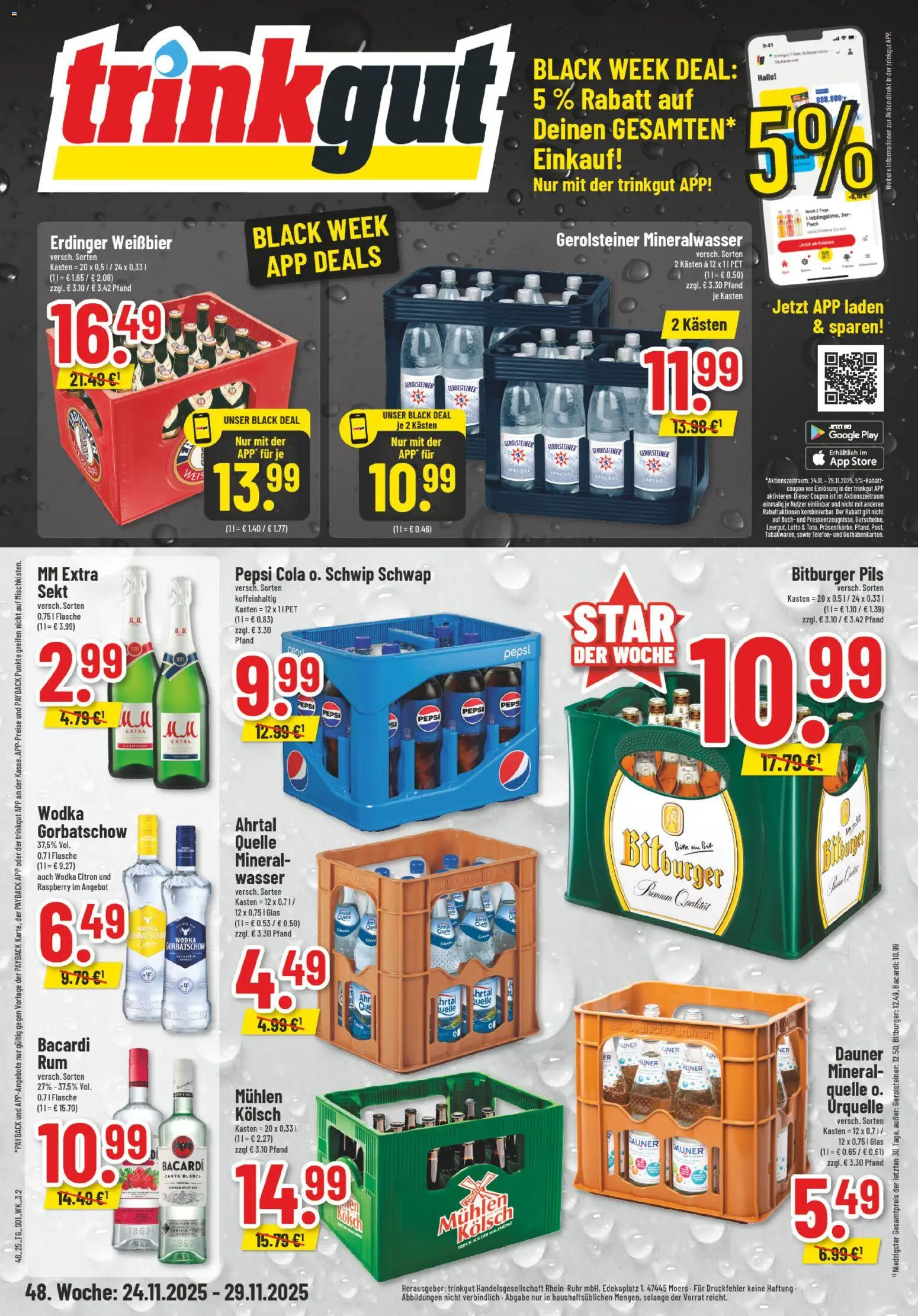 Vorschau von dem Prospekt des Geschäftes Trinkgut, gültig ab dem 24.11.2025 - Cola, Bacardi, Wodka, Bitburger, Pepsi, Erdinger, Schwip schwap, Pils