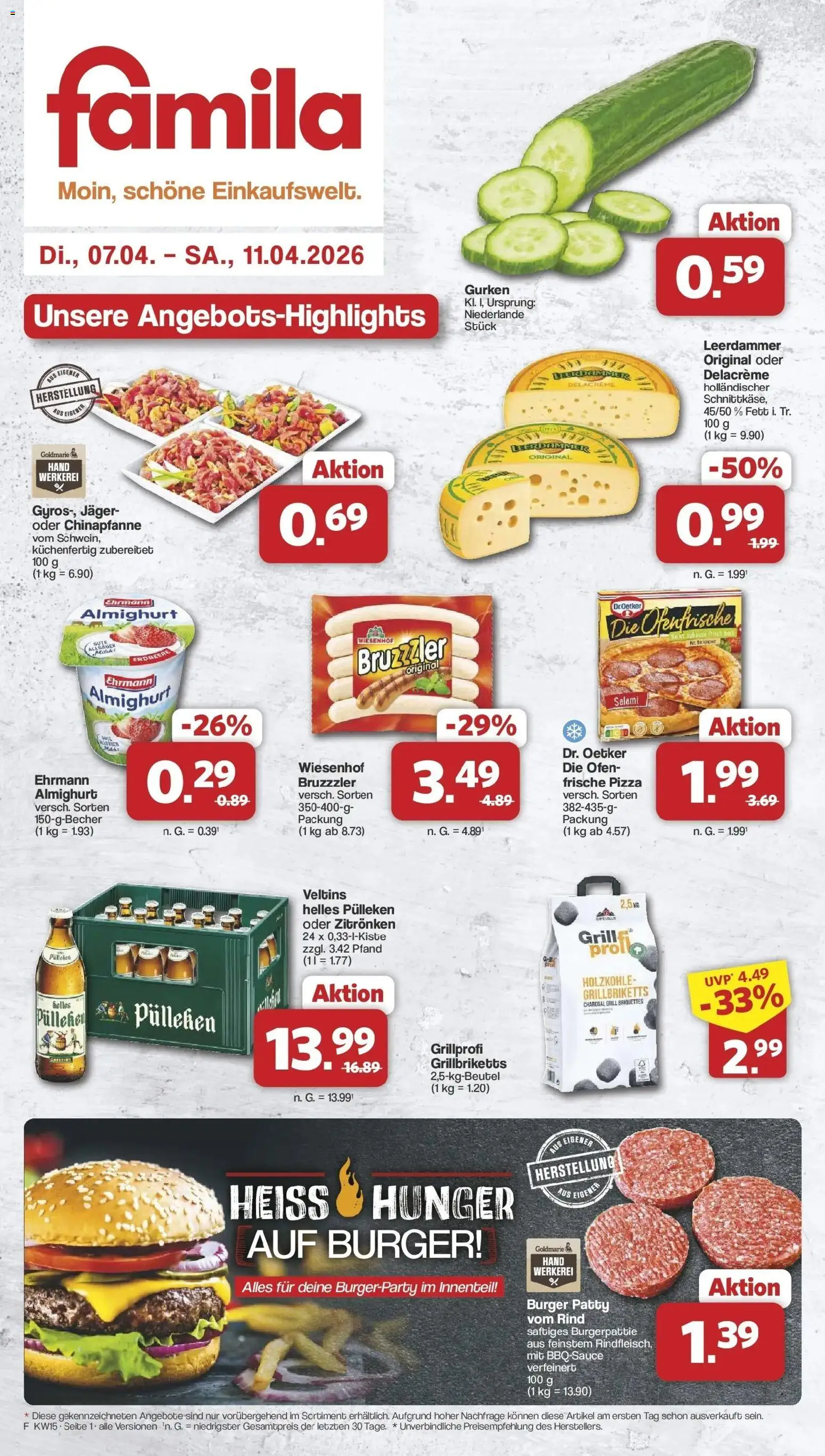 Vorschau von dem Prospekt des Geschäftes Famila Nordwest, gültig ab dem 07.04.2026 - Pizza, Burger, Grill, Gurken, Salami, Veltins, Leerdammer, Helles pulleken