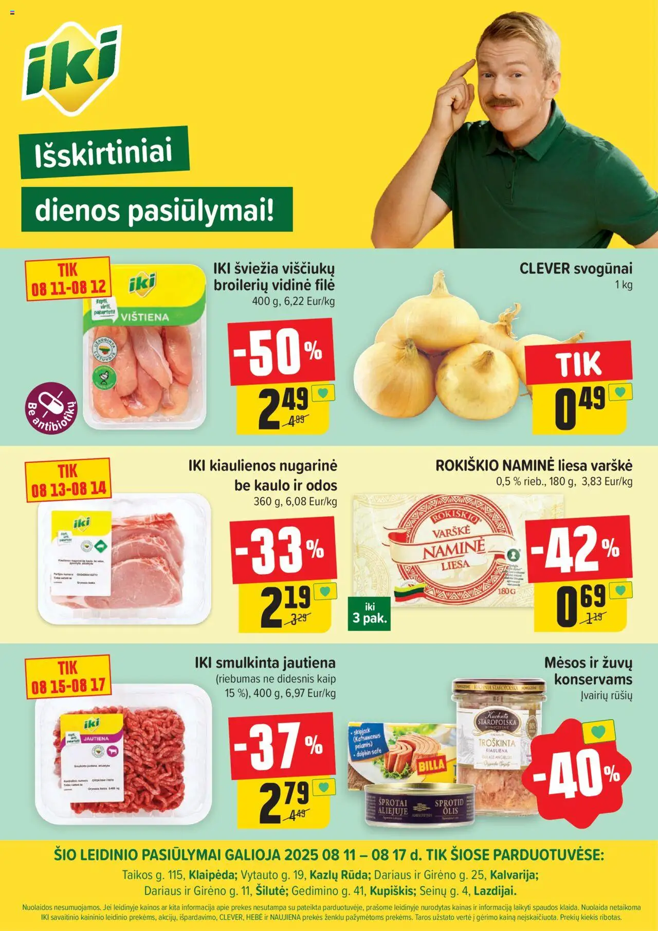 IKI leidinys galioja nuo 2025.08.11 – puslapio numeris 1 - Varškė, Vištiena, Kiauliena, Jautiena, Svogūnai, Kiaulienos