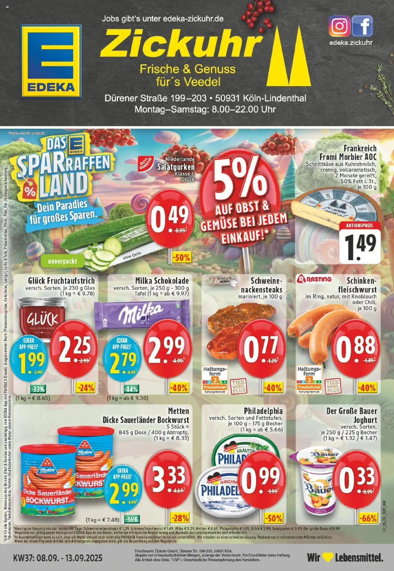 EDEKA Prospekt ab 07.09.2025 - Prospekt Köln-Lindenthal Online - Schokolade, Gemüse, Milka schokolade, Obst, Milka, Knoblauch, Schinken, Bauer joghurt