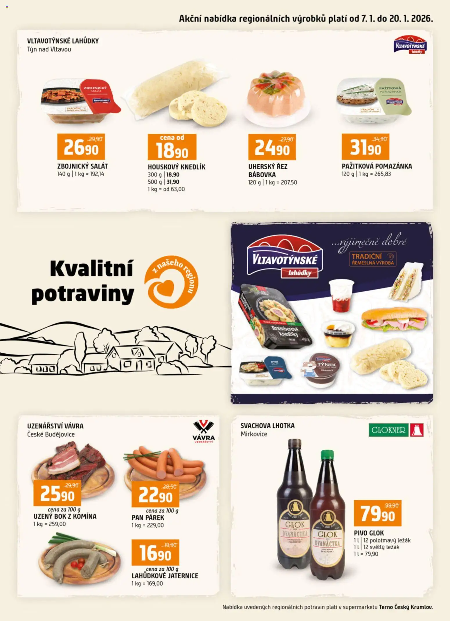 Náhled nabídky: Terno Leták - Český Krumlov platný od 07.01.2026 - Potraviny, Pivo, Bábovka, Houskový knedlík, Salát, Knedlík, Pomazánka, Rybí salát