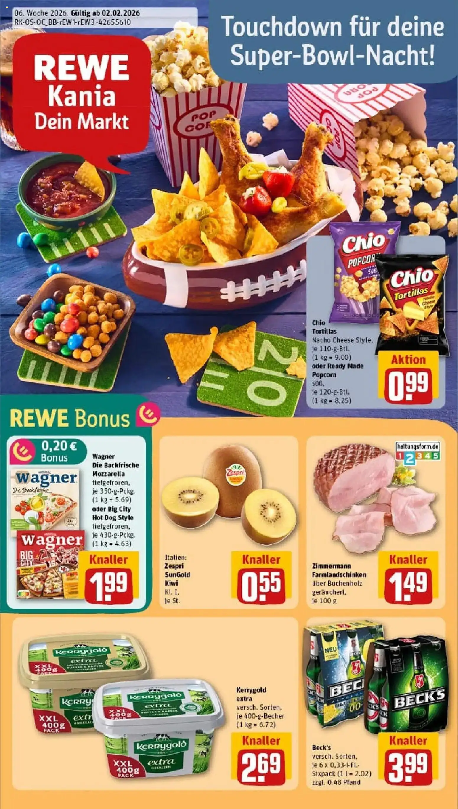Vorschau von dem Prospekt des Geschäftes Rewe, gültig ab dem 02.02.2026 - Pizza, Butter, Kiwi, Tortillas, Mozzarella, Popcorn, Chio tortillas