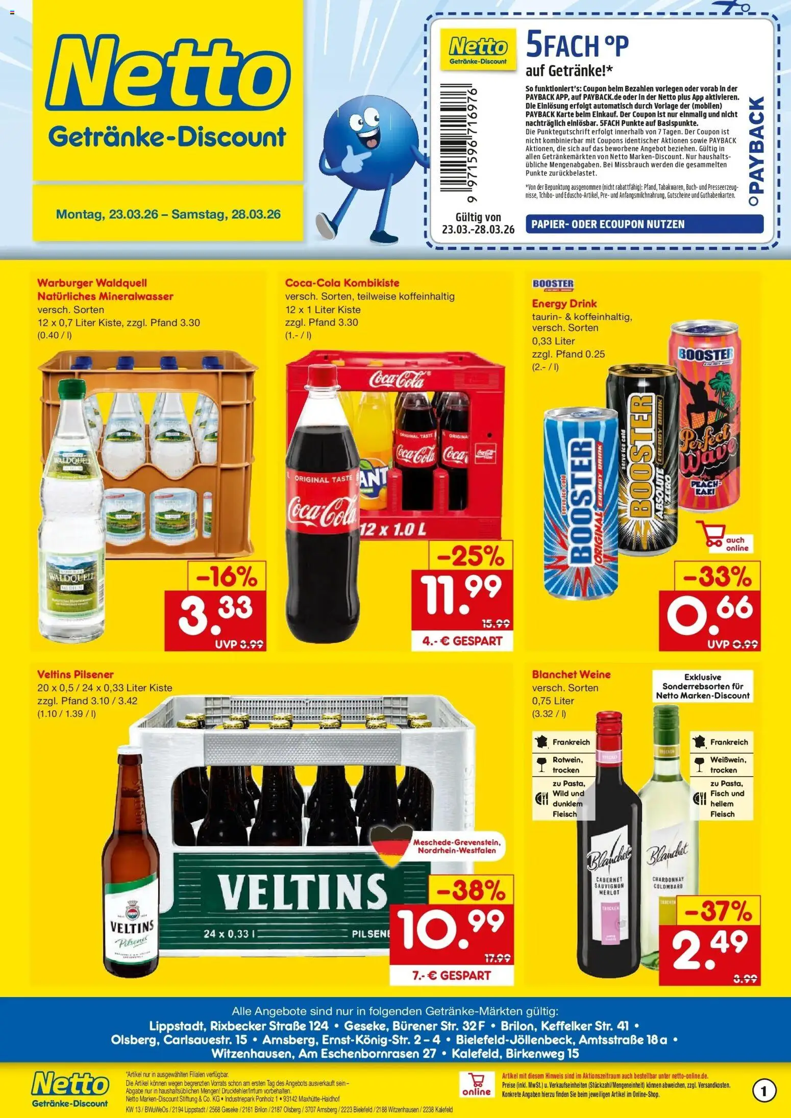 Vorschau von dem Prospekt des Geschäftes Netto Marken-Discount, gültig ab dem 23.03.2026 - Coca cola, Fisch, Cola, Mineralwasser, Fleisch, Energy, Veltins, Merlot