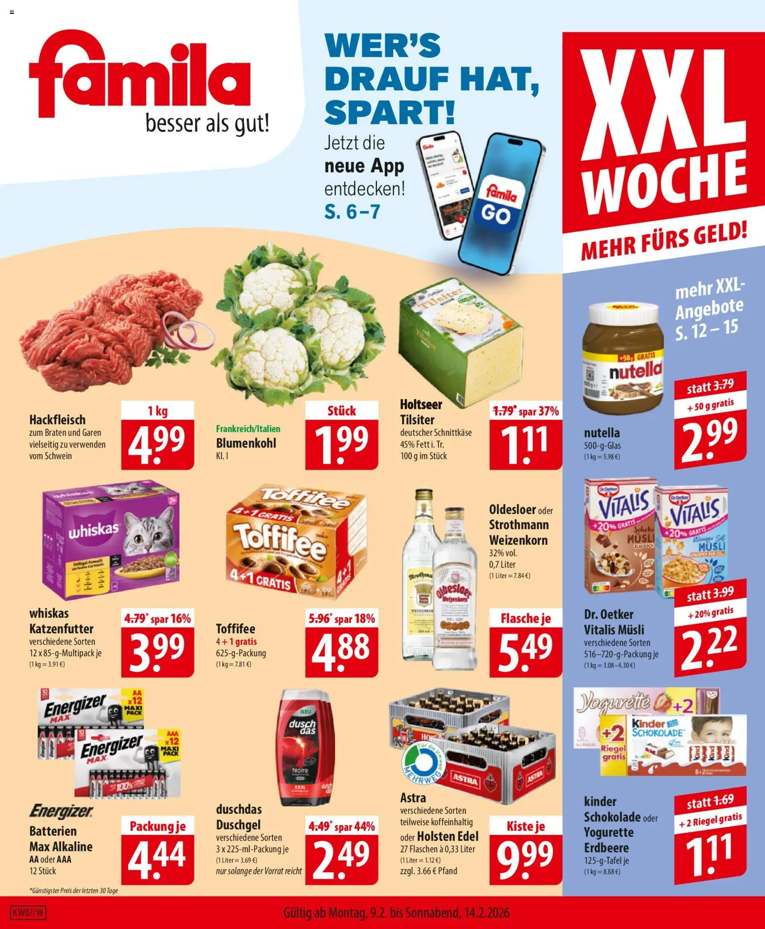 Vorschau von dem Prospekt des Geschäftes Famila, gültig ab dem 09.02.2026 - Nutella, Hackfleisch, Toffifee, Katzenfutter, Duschgel, Whiskas, Holsten, Holsten edel