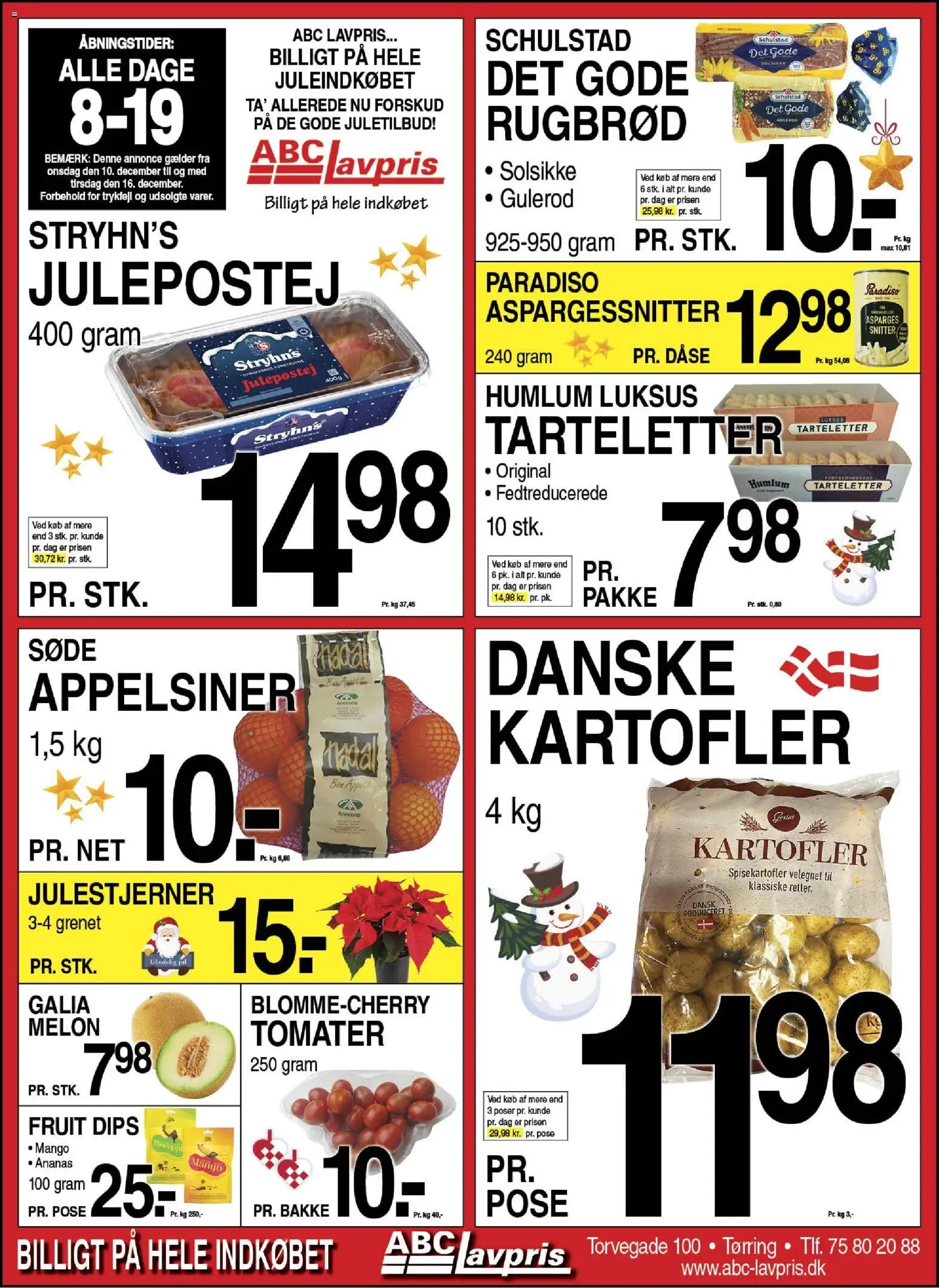 Eksempel på tilbudsavis Tørring fra butik Abc Lavpris gyldig fra 10/12/2025 - Tarteletter, Rugbrød, Kartofler, Gulerod, Ananas, Tomater, Appelsiner, Aspargessnitter