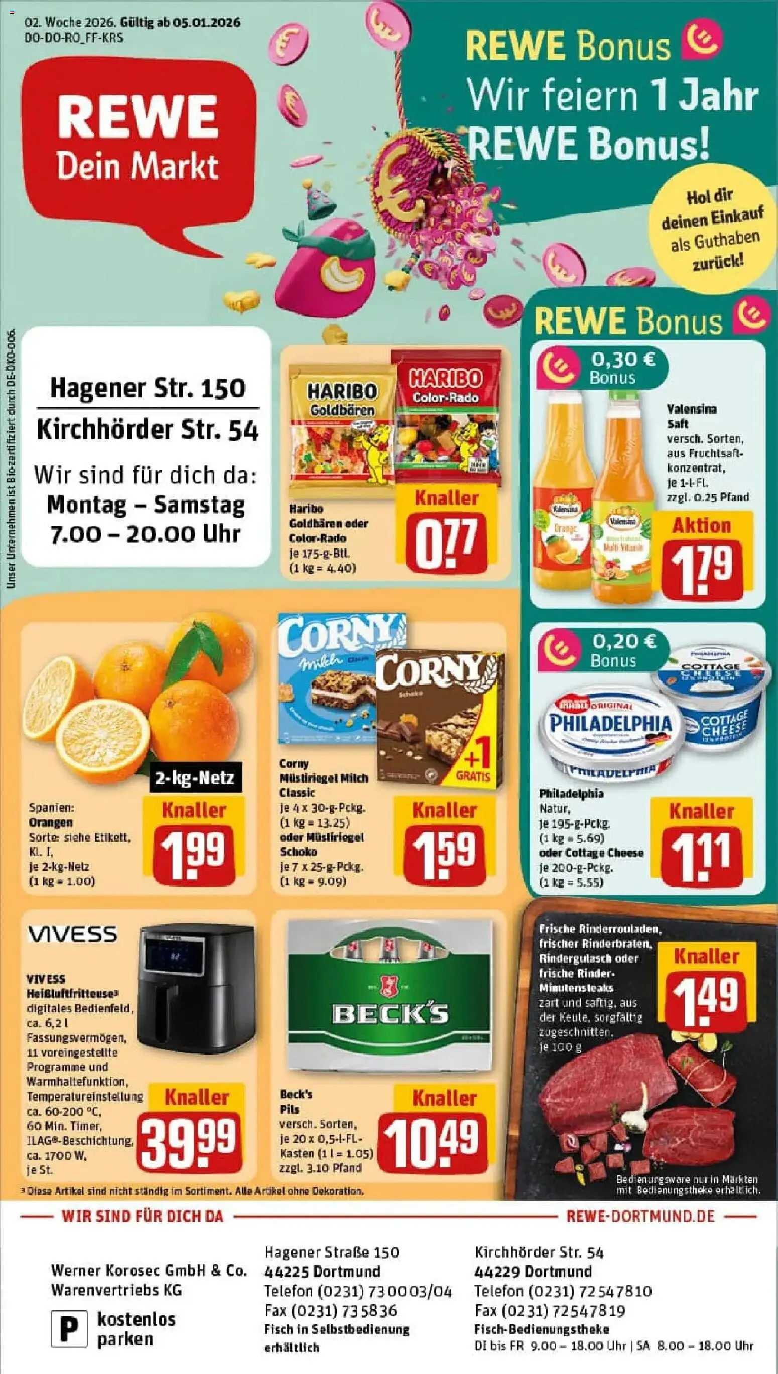 Vorschau von dem Prospekt des Geschäftes Rewe, gültig ab dem 04.01.2026 - Heißluftfritteuse, Uhr, Haribo, Fisch, Philadelphia, Orangen, Valensina, Fruchtsaft