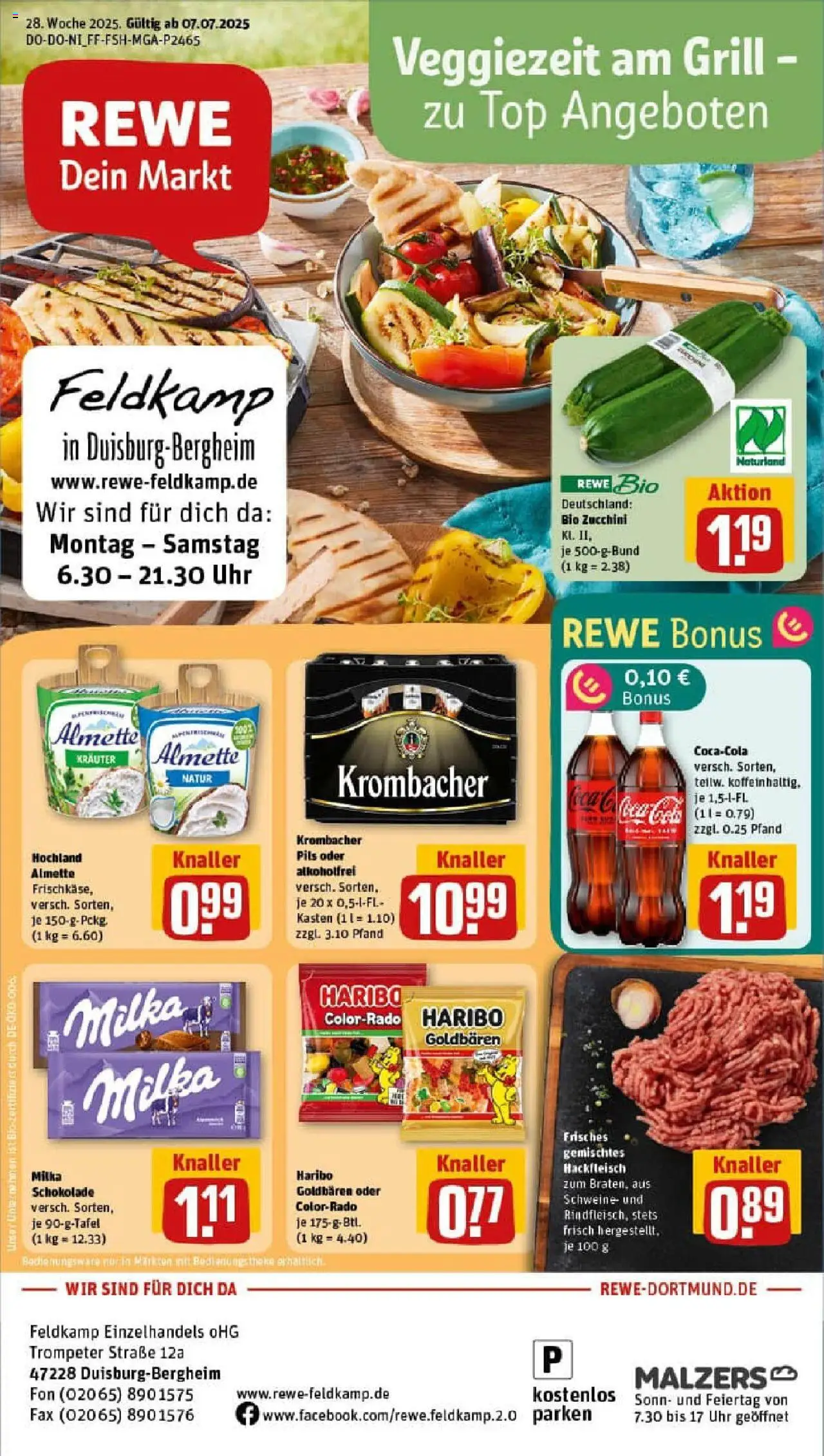 REWE Prospekt ab 06.07.2025 nächste Woche - Prospekt Duisburg / Bergheim - Uhr, Grill, Top, Milka schokolade, Krombacher, Hackfleisch, Milka, Almette