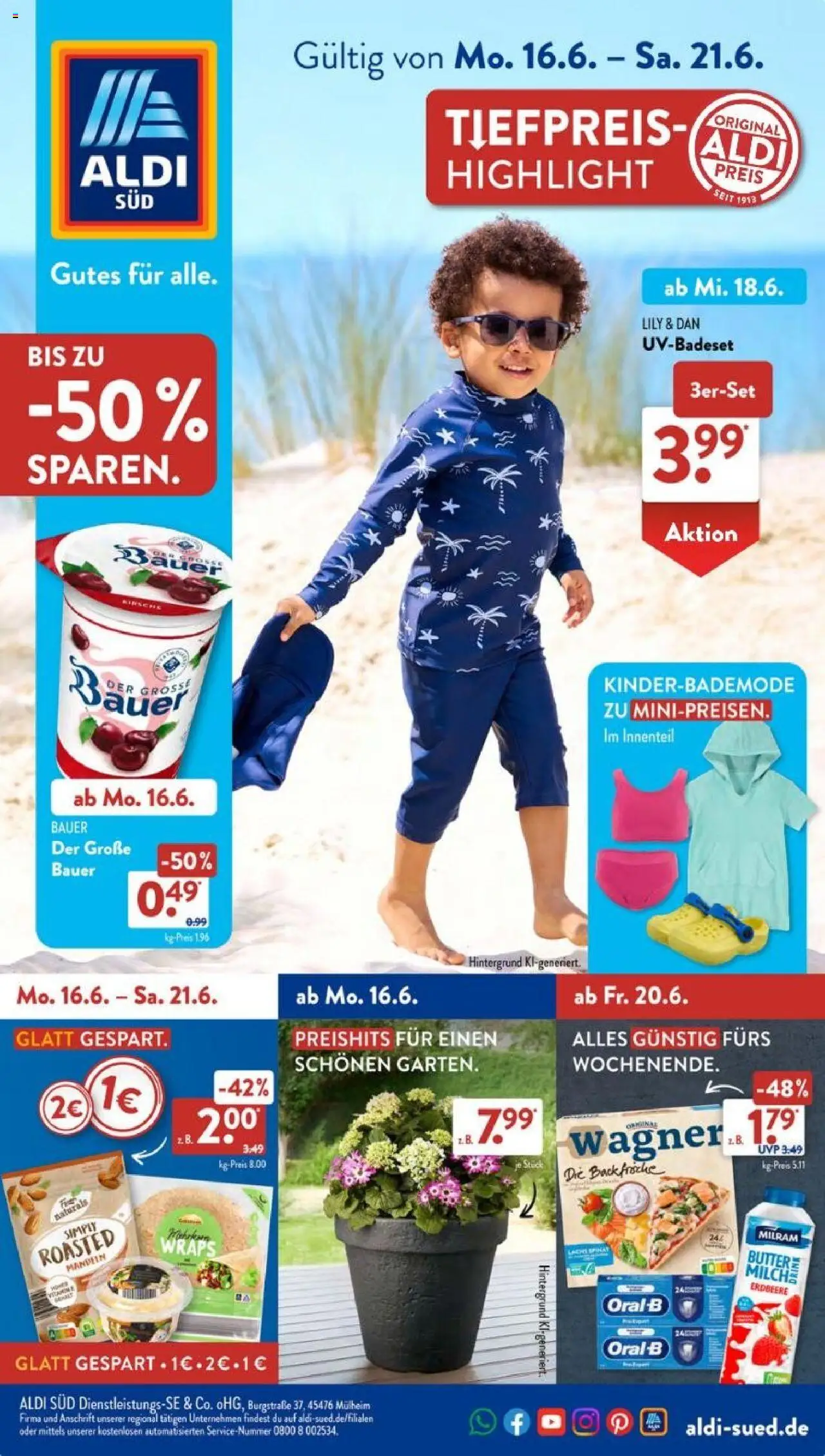 Aldi Süd Prospekt (vom 16.06.2025 - 21.06.2025) - Pizza, Butter, Milch, Buttermilch, Wagner pizza, Zahnbürste, Badeshorts, Milram