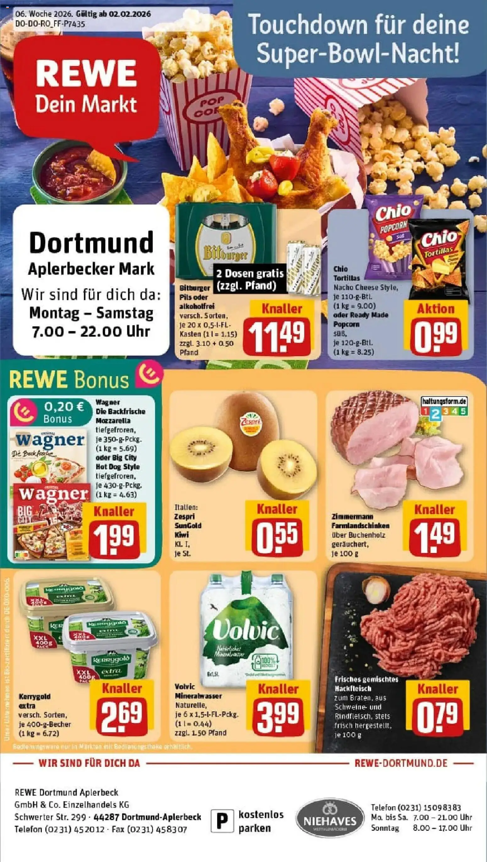 Vorschau von dem Prospekt des Geschäftes Rewe, gültig ab dem 02.02.2026 - Chips, Uhr, Telefon, Kiwi, Mineralwasser, Hackfleisch, Popcorn, Pils