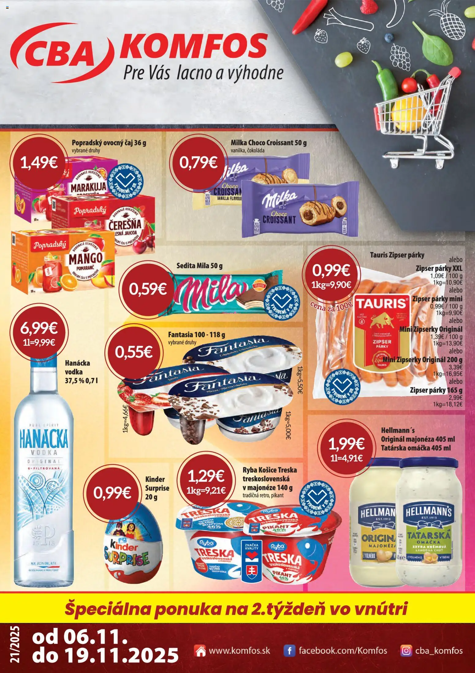 Náhľad CBA Komfos letáku platného od 06.11.2025 - Čokoláda, Ryba, Vodka, Croissant, Kinder, Treska, Mila, Omáčka