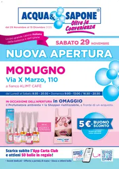 Anteprima dell'opuscolo Volantino Nuova Apertura - Modugno dal negozio Acqua e Sapone valido da 29/11/2025