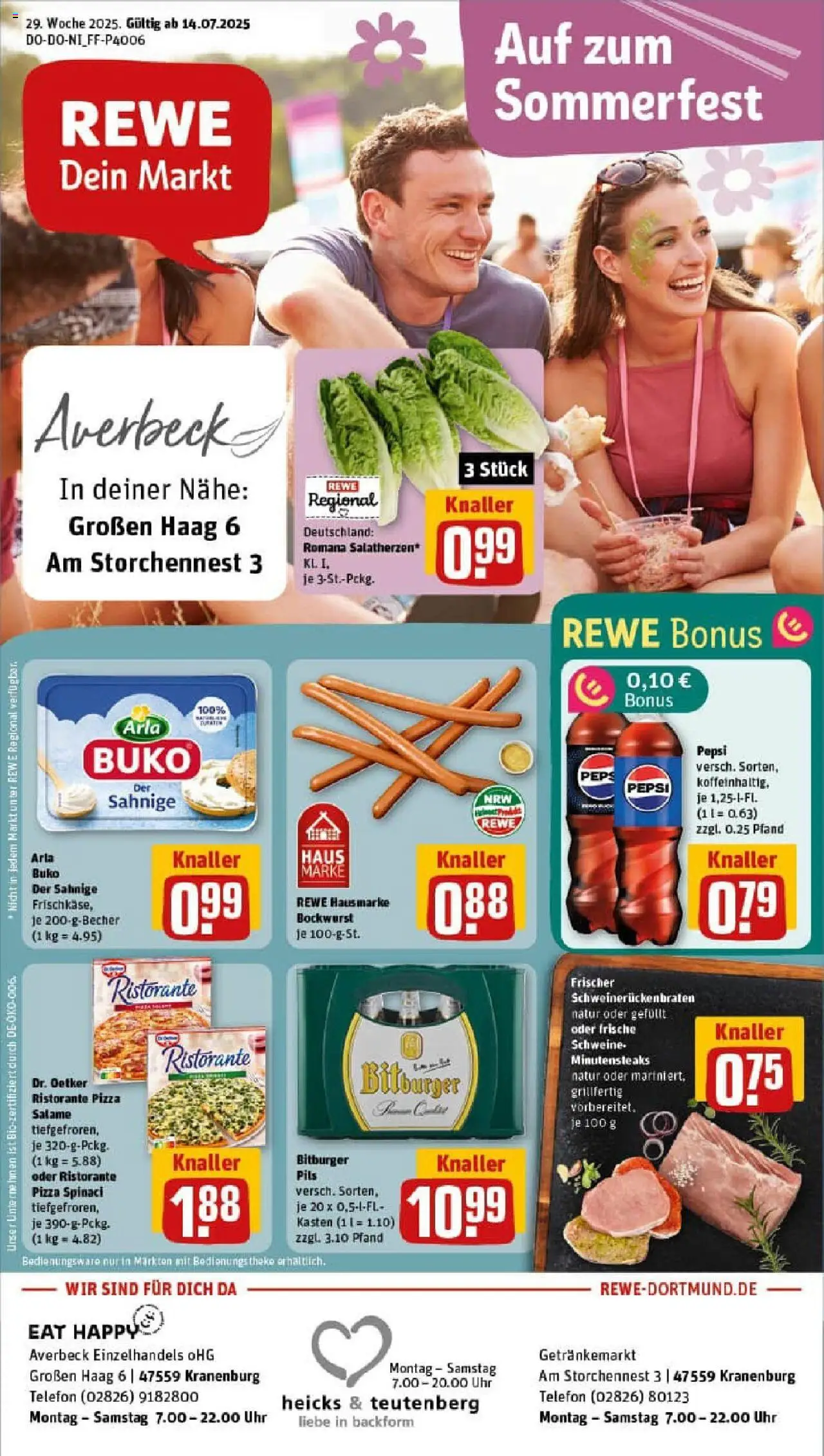 REWE Prospekt ab 13.07.2025 nächste Woche - Prospekt Kranenburg - Pizza, Uhr, Telefon, Ristorante, Bockwurst, Pepsi, Theke, Arla buko