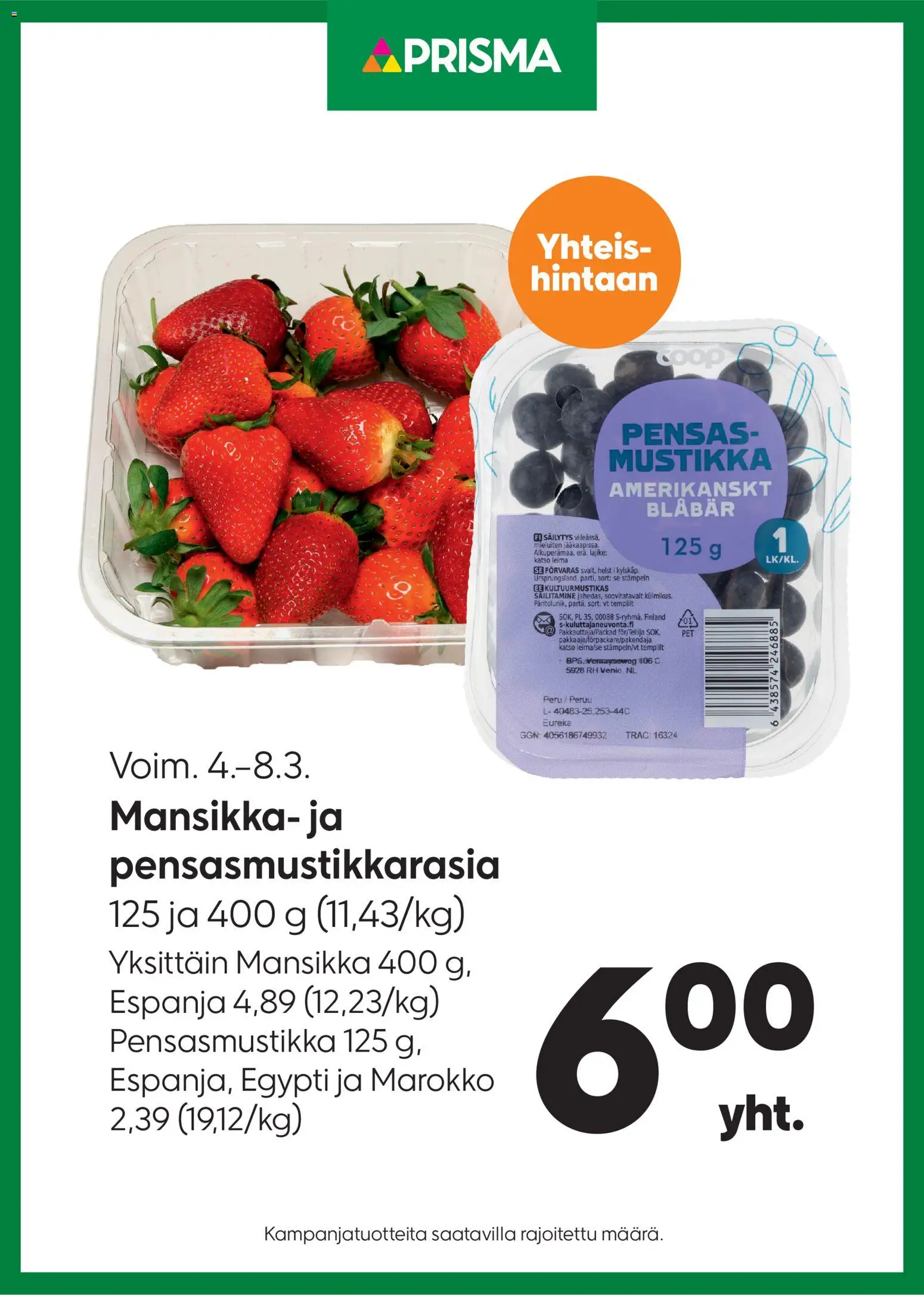Kaupan Prisma Prisma tarjoukset Mansikka- ja pensasmustikkarasia esikatselu, voimassa 04/03/2026
