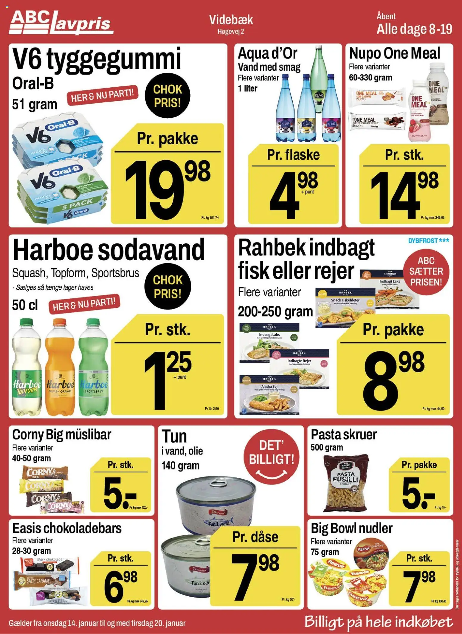 Eksempel på tilbudsavis Videbæk fra butik Abc Lavpris gyldig fra 14/01/2026 - Squash, Laks, Sodavand, Nudler, Tun, Olie, Tyggegummi, Rejer