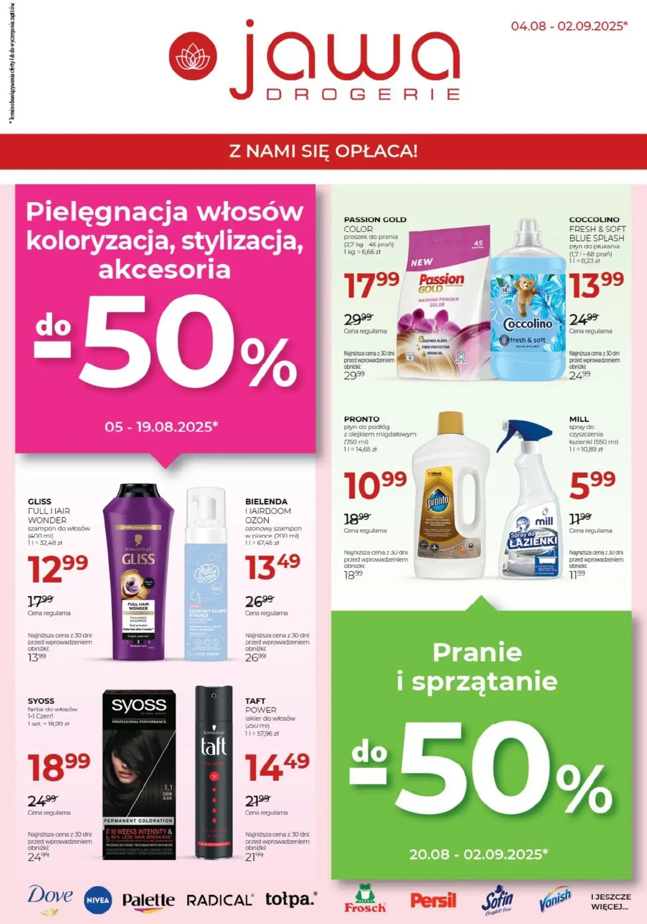 Jawa Gazetka od 04.08.2025 - Nowa Gazetka - Numer strony 1 - Bielenda, Farba do włosów, Proszek do prania, Płyn do płukania, Szampon, Lakier do włosów, Vanish, Coccolino