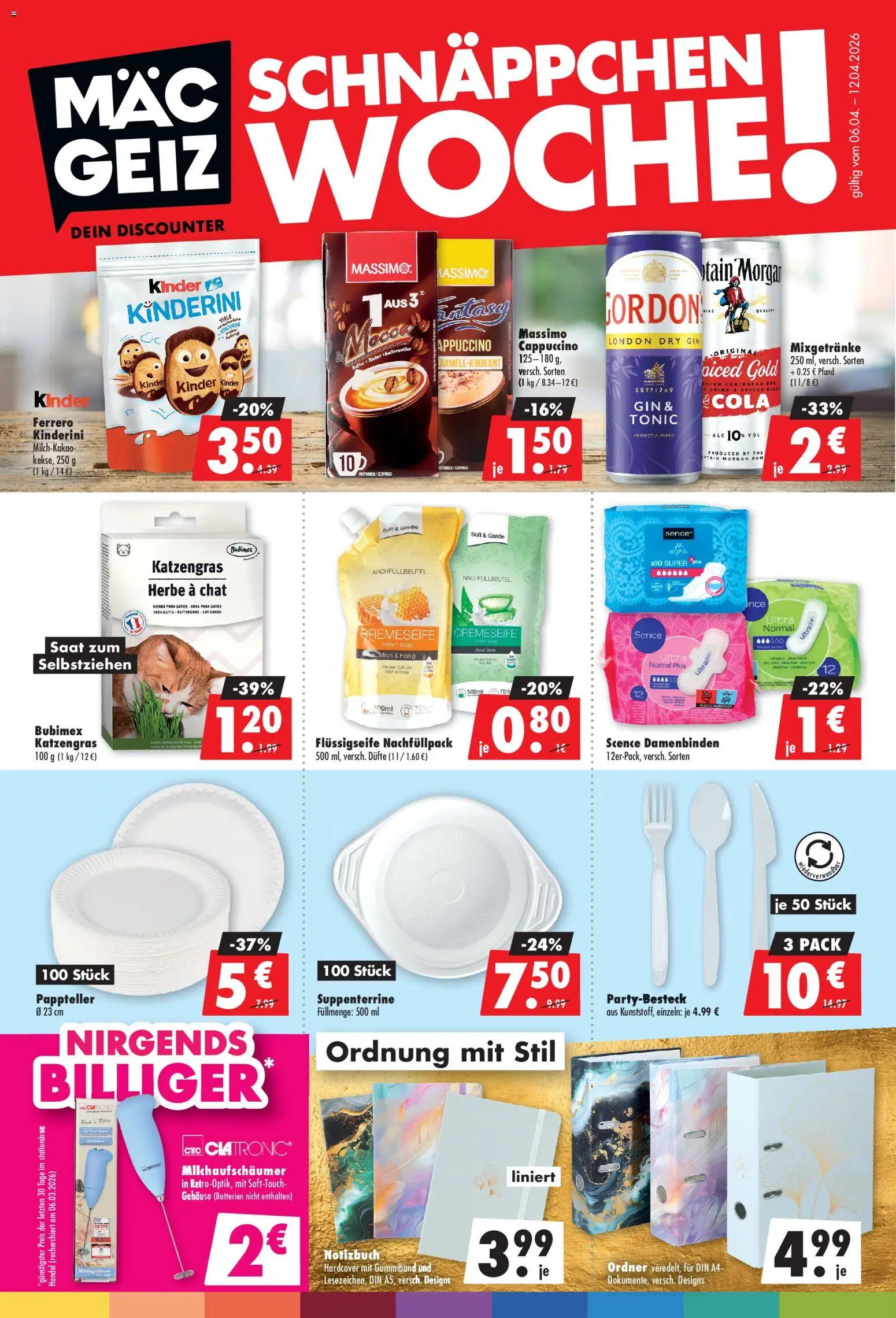 Vorschau von dem Prospekt des Geschäftes Mäc Geiz, gültig ab dem 06.04.2026 - Batterien, Gin, Rum, Notizbuch