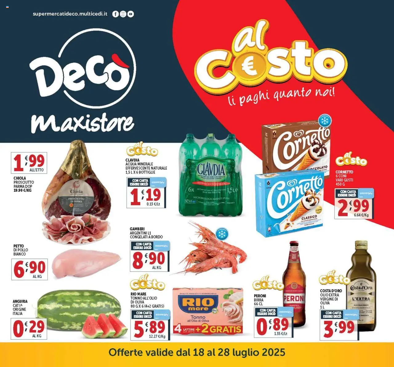 Volantino Decò valido da 18/07/2025 numero di pagina 1 - Birra, Pollo, Cornetto, Gamberi, Acqua, Prosciutto, Tonno, Acqua minerale
