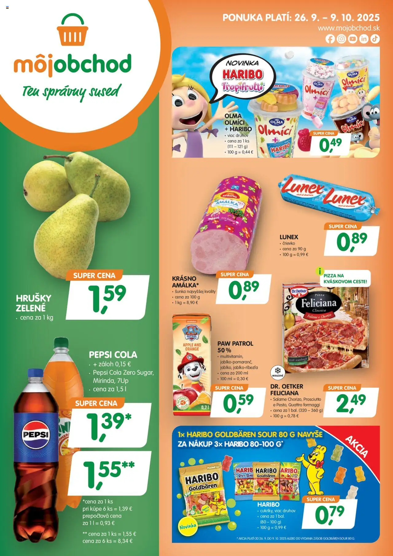 Môj obchod Leták (26.09. - 09.10.2025) - Akčná ponuka - Pizza, Apple, Prosciutto, Pepsi, Šunka, Cola, Hrušky