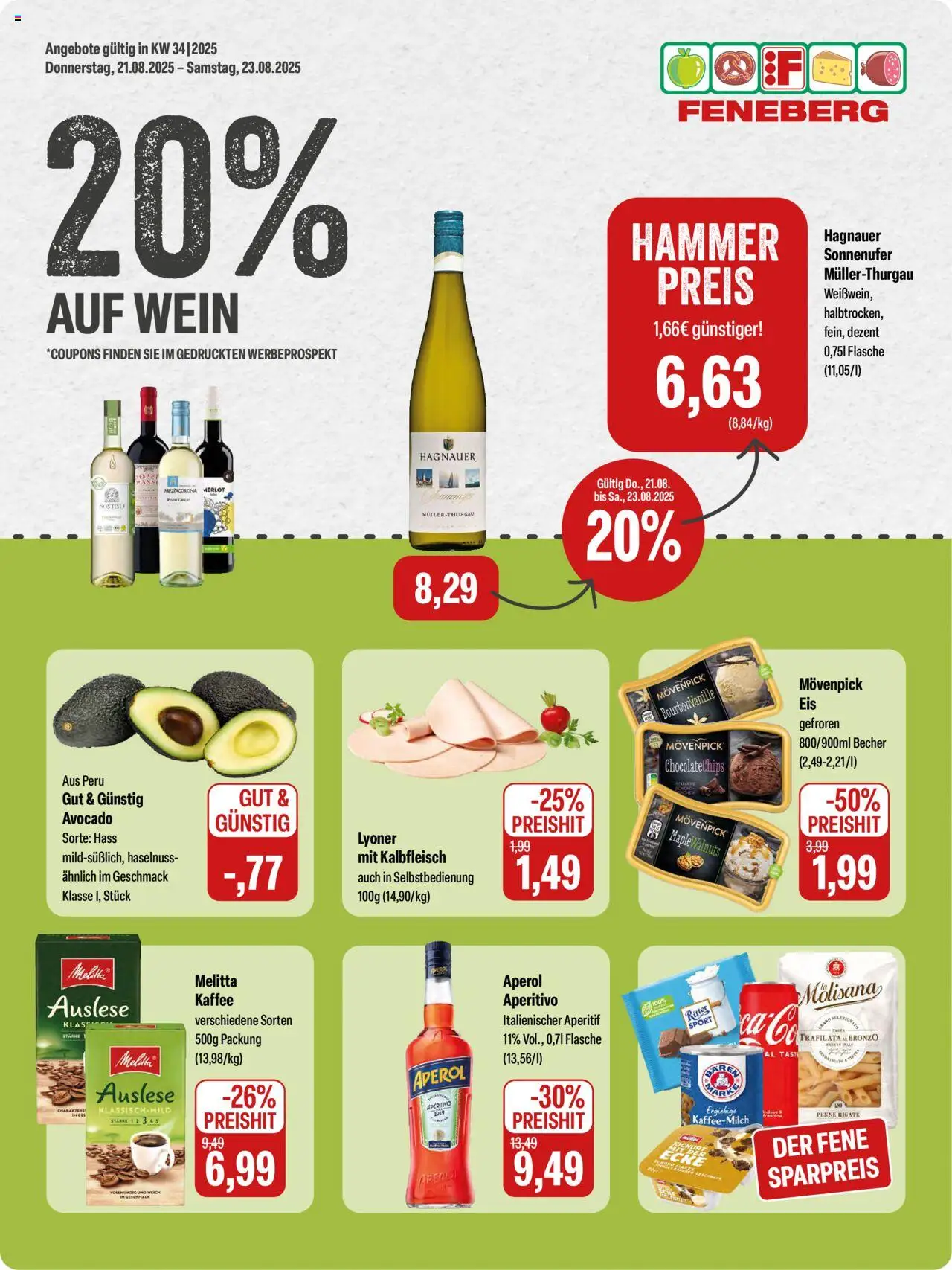 Feneberg Angebote (vom 21.08.2025 - 23.08.2025) - Kaffee, Avocado, Aperol, Wein, Melitta, Merlot