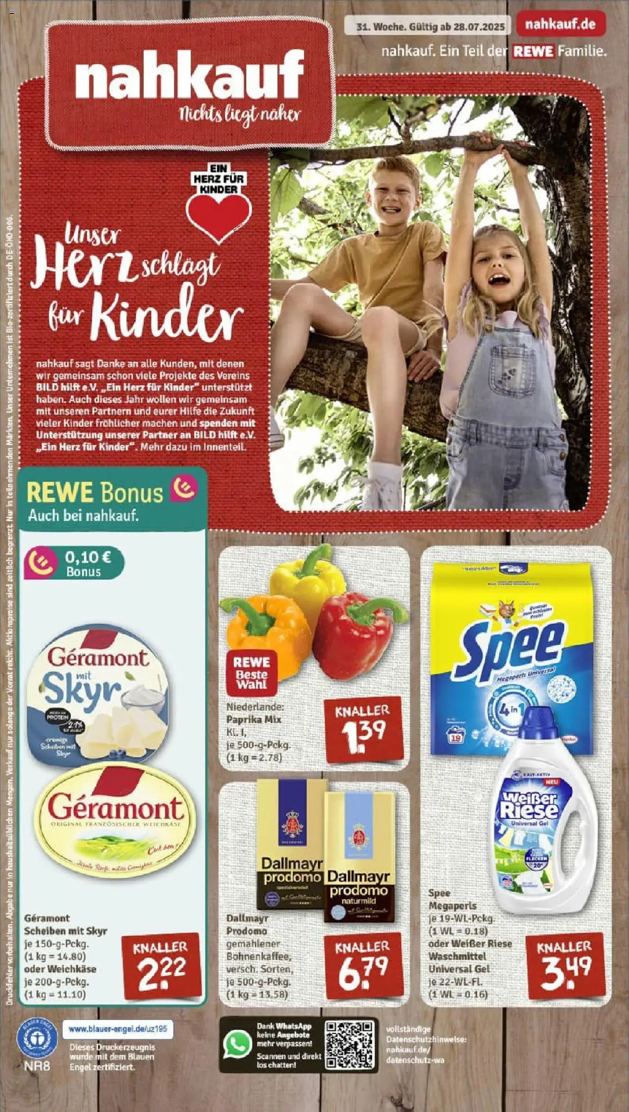 REWE Prospekt ab 27.07.2025 nächste Woche - Prospekt Maintal / Bischofsheim - Spee, Skyr, Dallmayr, Paprika, Waschmittel, Dallmayr prodomo, Geramont