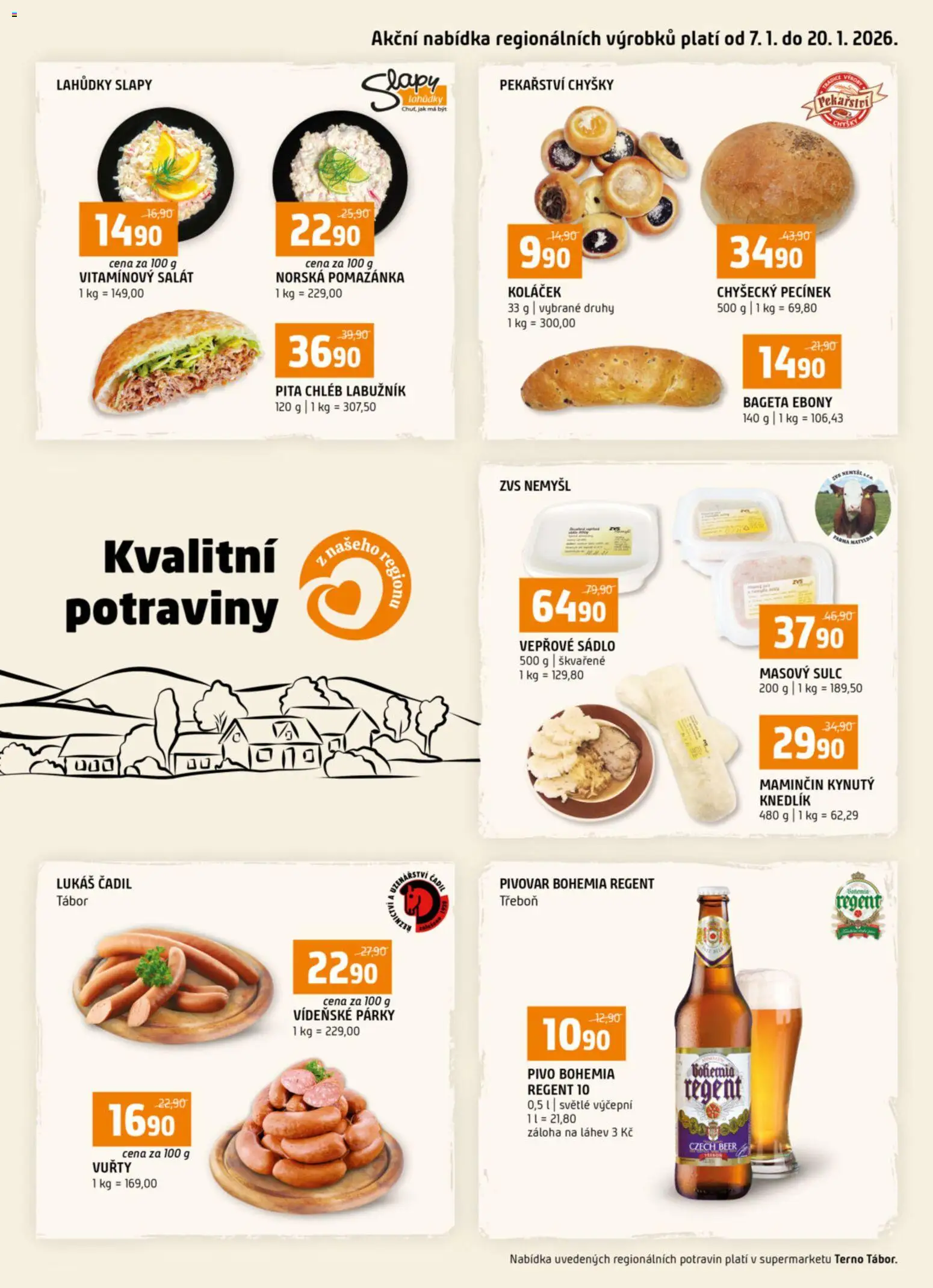 Náhled nabídky: Terno Leták - Tábor platný od 07.01.2026 - Potraviny, Pivo, Salát, Chléb, Párky, Vídeňské párky, Pita chléb, Vepřové sádlo