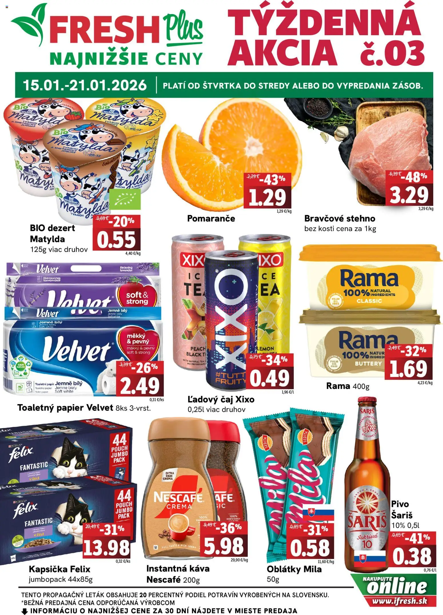 Náhľad Fresh letáku platného od 15.01.2026 - Káva, Pivo, Tvaroh, Toaletný papier, Mila, Rama, Pomaranče, Oblátky
