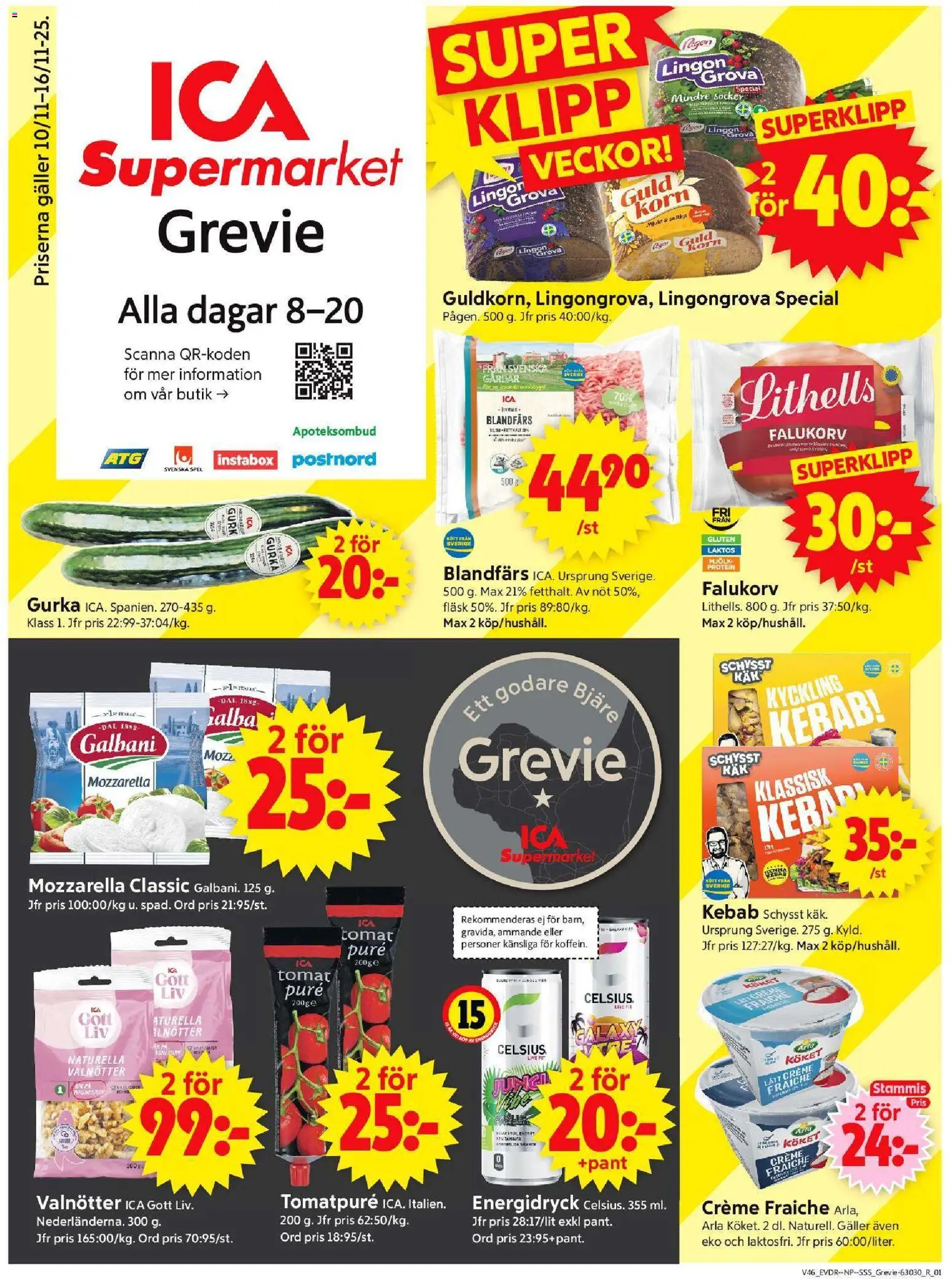 Förhandsgranska reklamblad Grevie från butik ICA Supermarket gäller från 10/11/2025 - Spel, Protein, Energidryck, Gurka, Galler, Lingongrova, Blandfärs, Puré