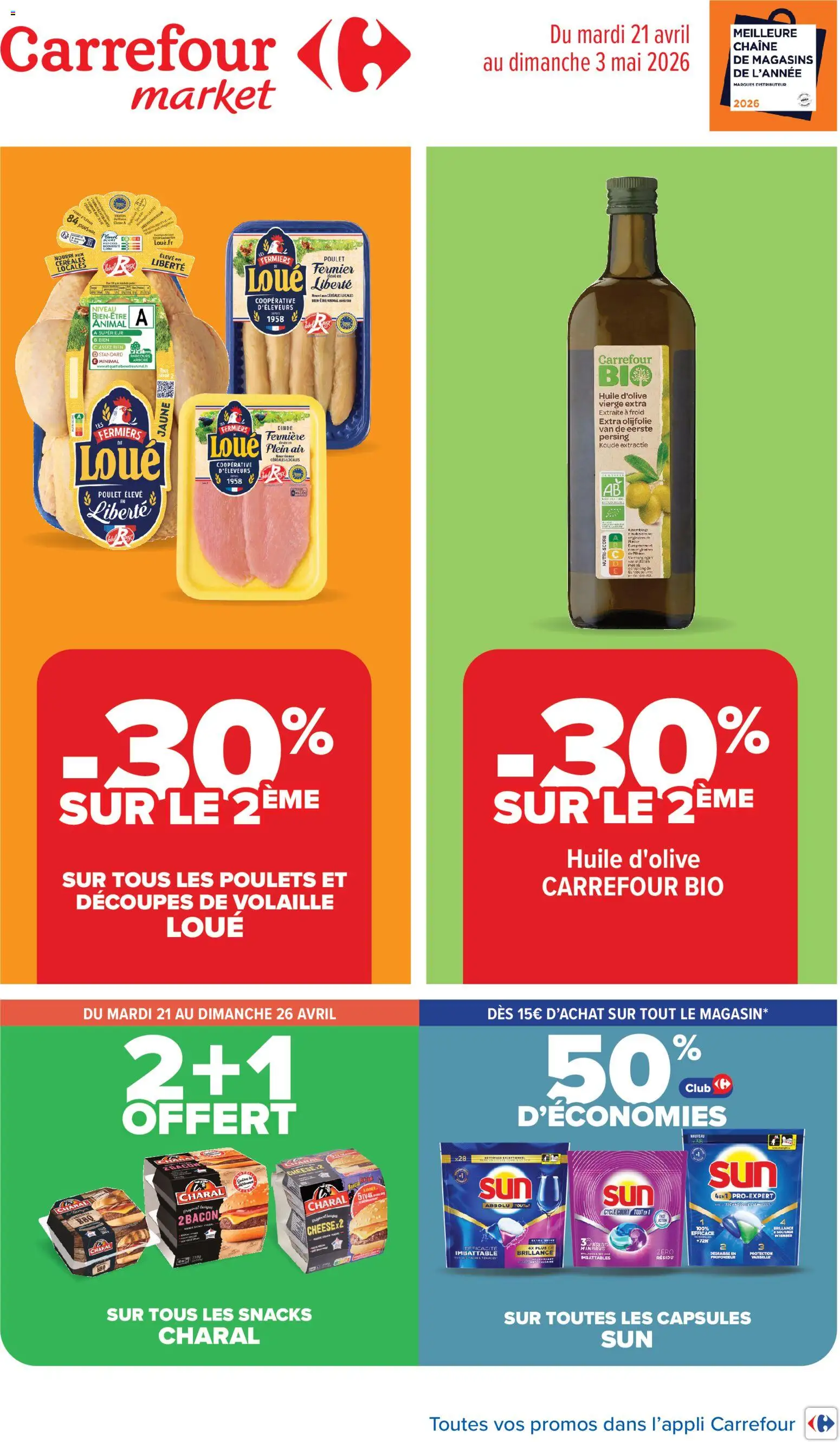 Prévisualisation de Carrefour Market catalogue du magasin Carrefour Market formulaire valide 21/04/2026 - Snacks, Poulets, Dinde, Céréales, Huile, Bacon, Capsules, Huile d'olive vierge extra