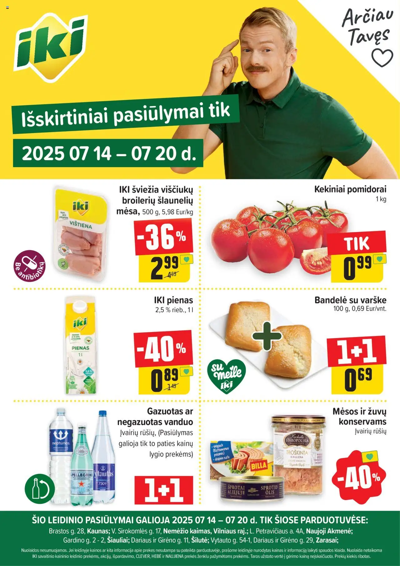 IKI leidinys galioja nuo 2025.07.14 – puslapio numeris 1 - Vanduo, Bandelė, Pienas, Varškė, Vištiena, Kiauliena, Pomidorai