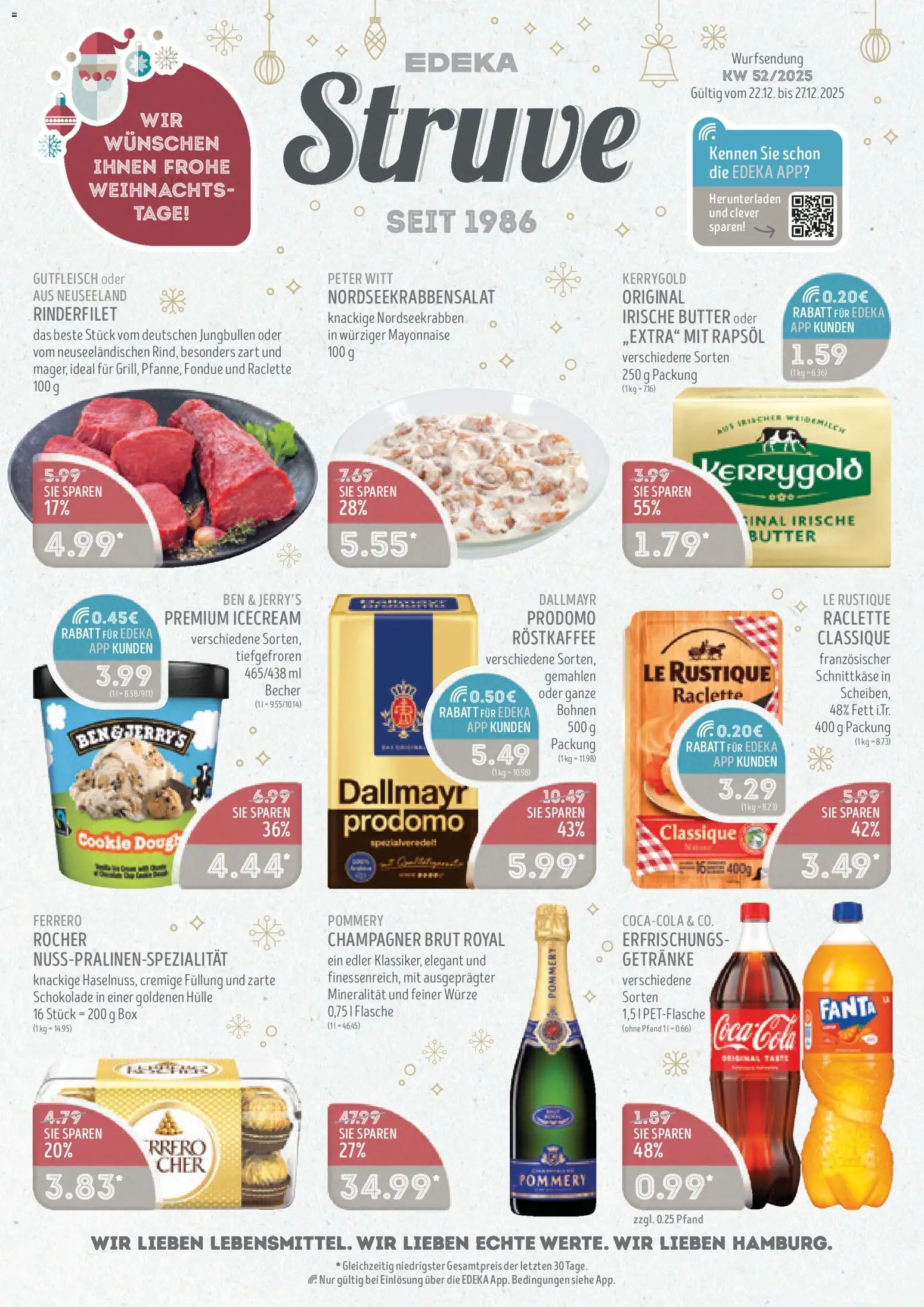 Vorschau von dem Prospekt des Geschäftes Edeka Struve, gültig ab dem 22.12.2025 - Raclette, Dallmayr, Mayonnaise, Fondue, Rinderfilet, Rapsöl, Ben & Jerry's, Hülle