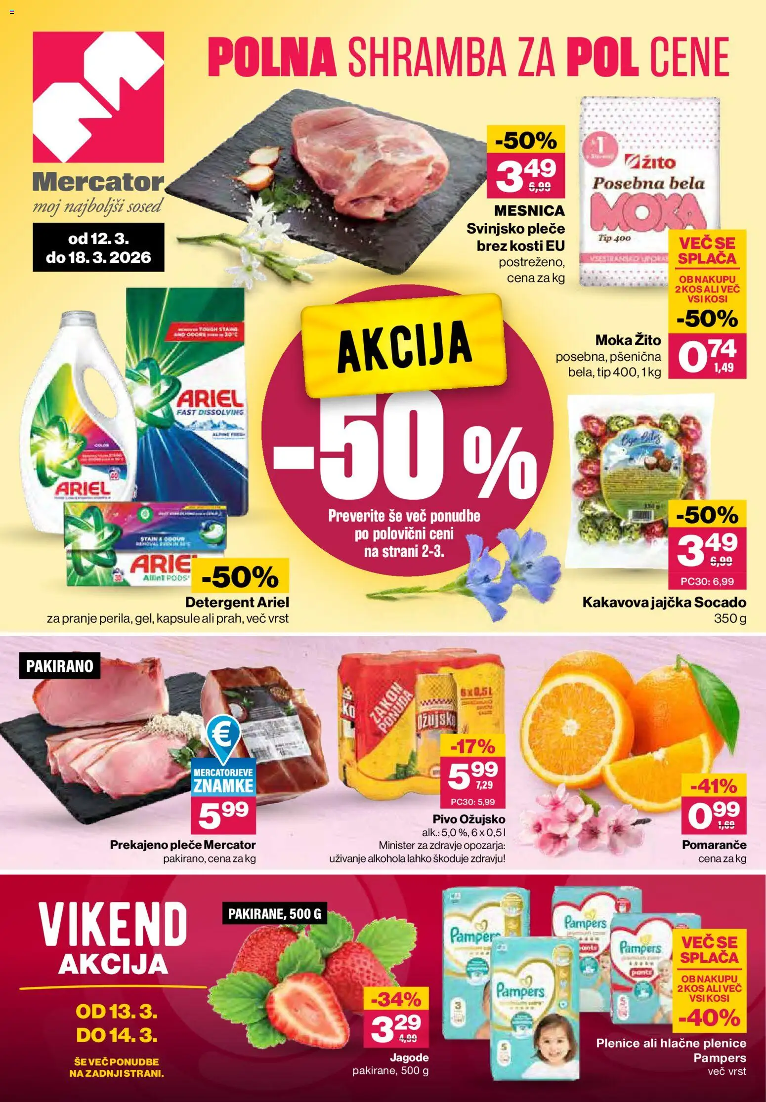 Predogled kataloga iz trgovine Mercator veljaven od 12.03.2026 - Moka, Pivo, Kos, Jagode, Plenice, Detergent, Pomarance