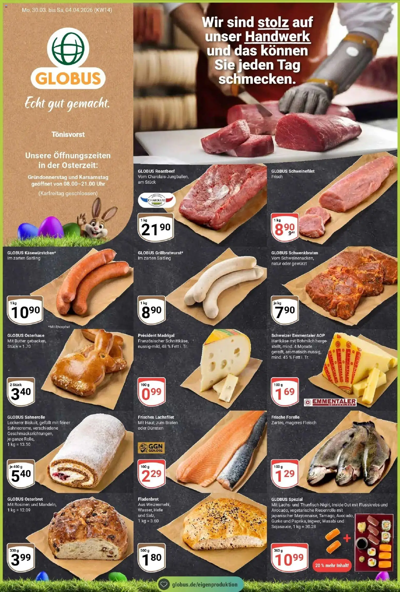 Vorschau von dem Prospekt des Geschäftes Globus, gültig ab dem 30.03.2026 - Uhr, Butter, Lachs, Roastbeef, Fleisch, Schweinefilet, Rosinen