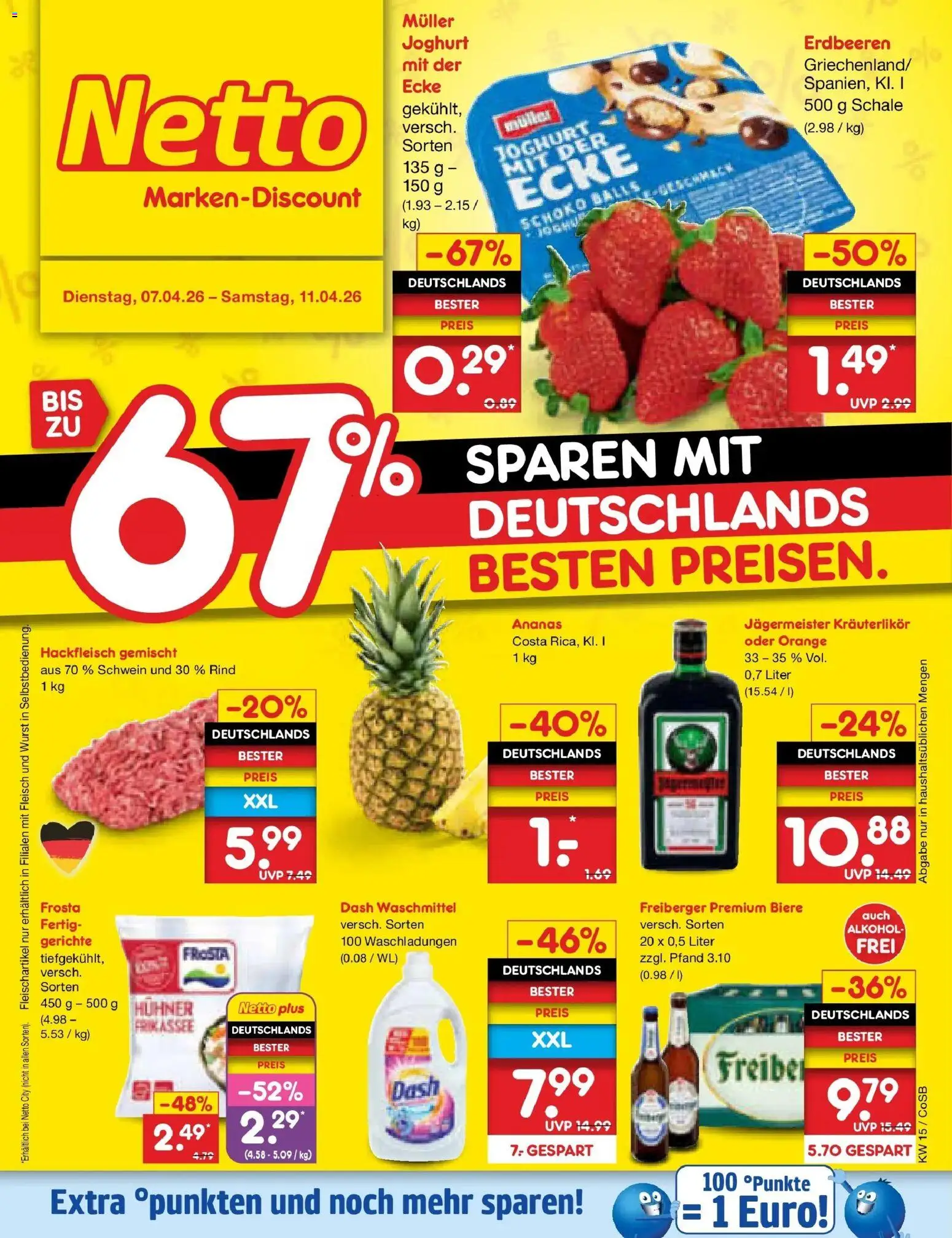 Vorschau von dem Prospekt des Geschäftes Netto Marken-Discount, gültig ab dem 07.04.2026 - Gerichte, Wurst, Erdbeeren, Jägermeister, Alkohol, Fleisch, Hackfleisch, Frosta
